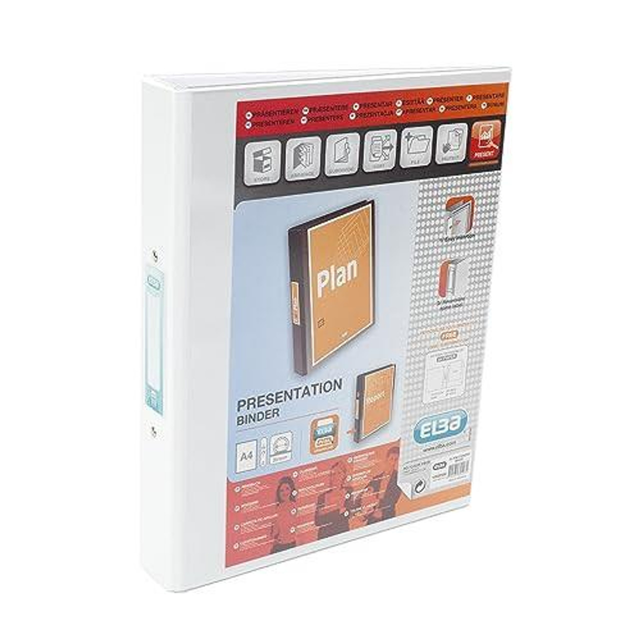 Elba A4 2 O-Ring Binder, 25mm capacity, 30mm spine, Presentation Folder with Customisable Cover, Portrait, White - front view of the binder featuring a white cover and customizable spine for organizing and presenting documents.