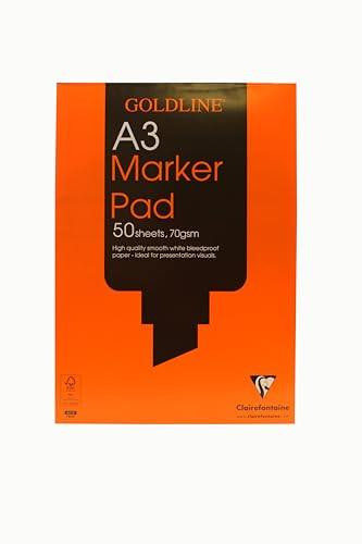 Clairefontaine - Ref GPB1A3Z - Goldline Bleed-Proof Marker Pad, orange cover with black and white text, showing the pad's specifications such as A3 size, 50 sheets, 70gsm smooth paper, and glue-bound top.