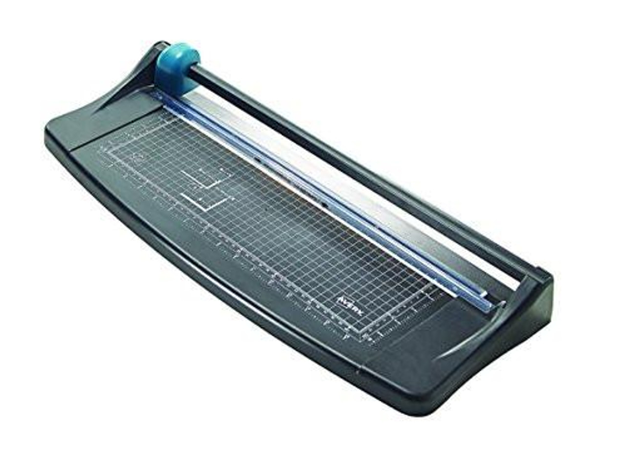 Avery A3 TR003 Photo and Paper Trimmer Paper Cutter, Black and Teal, with a cutting ruler and adjustable paper guide for precise cutting.