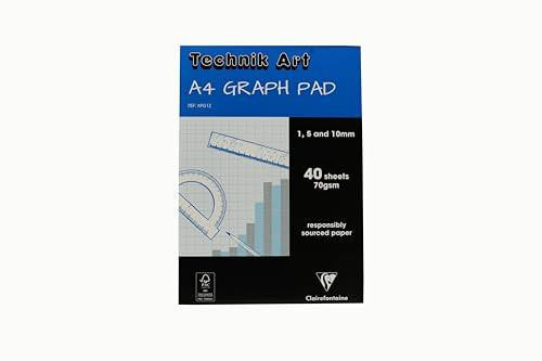 Clairefontaine - Ref XPG1Z - Technik Art - Graph Pad, A4 210 x 297mm, 1/5/10mm Blue Printed Grid Pattern, 40 Sheets Per Pad, Suitable for Photocopying - Blue & White, front view of the graph pad showing the cover design with grid pattern and product details.