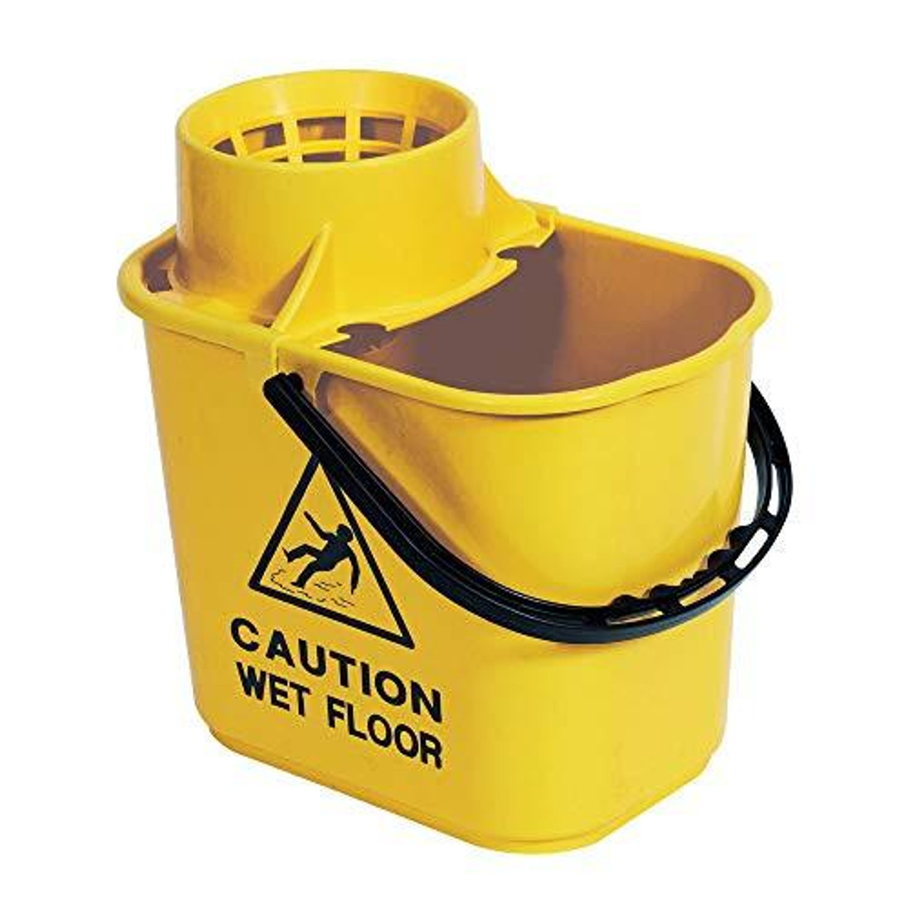 2Work Plastic Mop Bucket With Wringer 15 Litre Yellow CNT00691, a yellow plastic mop bucket with a built-in wringer and a warning label for caution on wet floors. 2Work Plastic Mop Bucket With Wringer 15 Litre Yellow CNT00691, a yellow plastic mop bucket with a built-in wringer and a warning label for caution on wet floors.