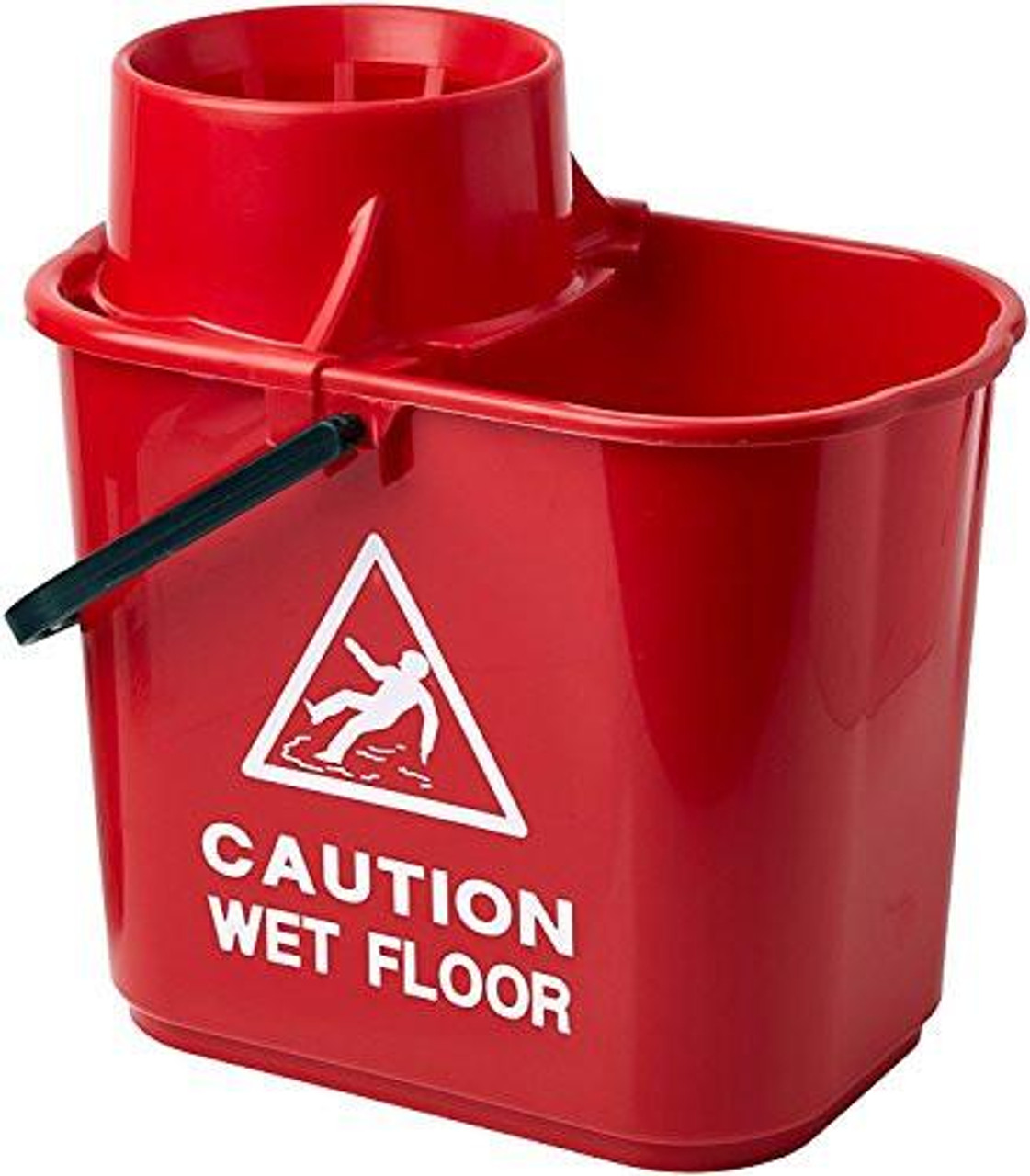 2Work Plastic Mop Bucket with Wringer 15 Litre Red CNT00684, featuring a bright red color, built-in wringer, and caution wet floor warning sign. 2Work Plastic Mop Bucket with Wringer 15 Litre Red CNT00684, featuring a bright red color, built-in wringer, and caution wet floor warning sign.