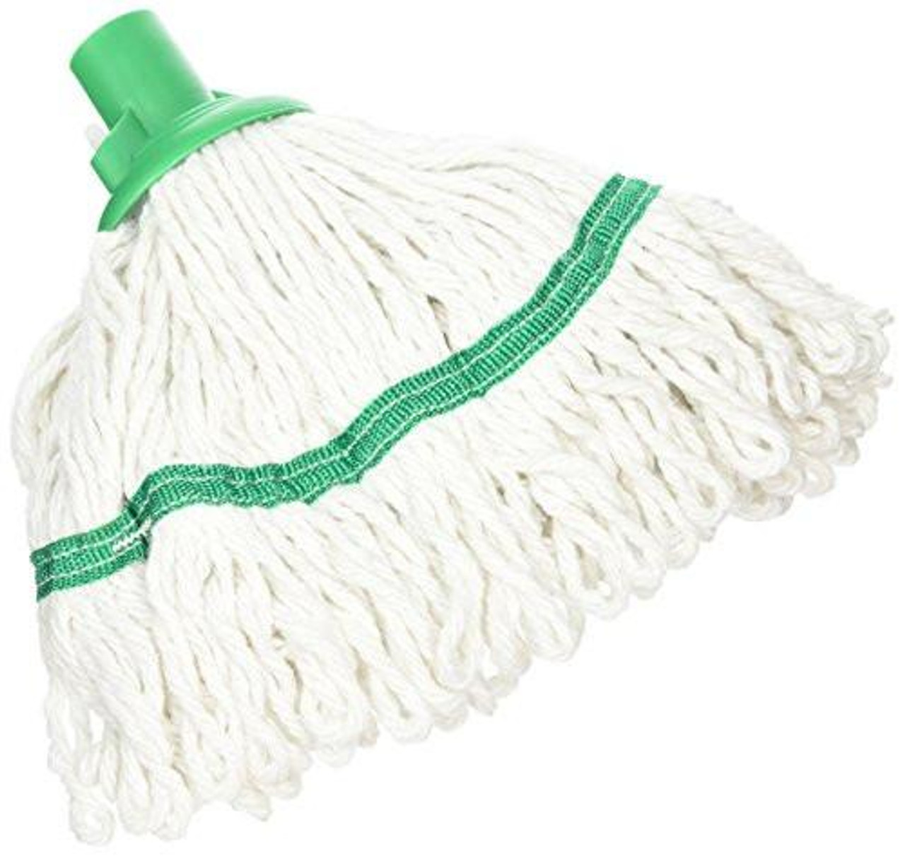 ROBERT SCOTT YLTG1820L Mop Hygiene Socket, Green, with a mop head featuring white yarn strands and a green plastic socket for attaching to a mop handle.