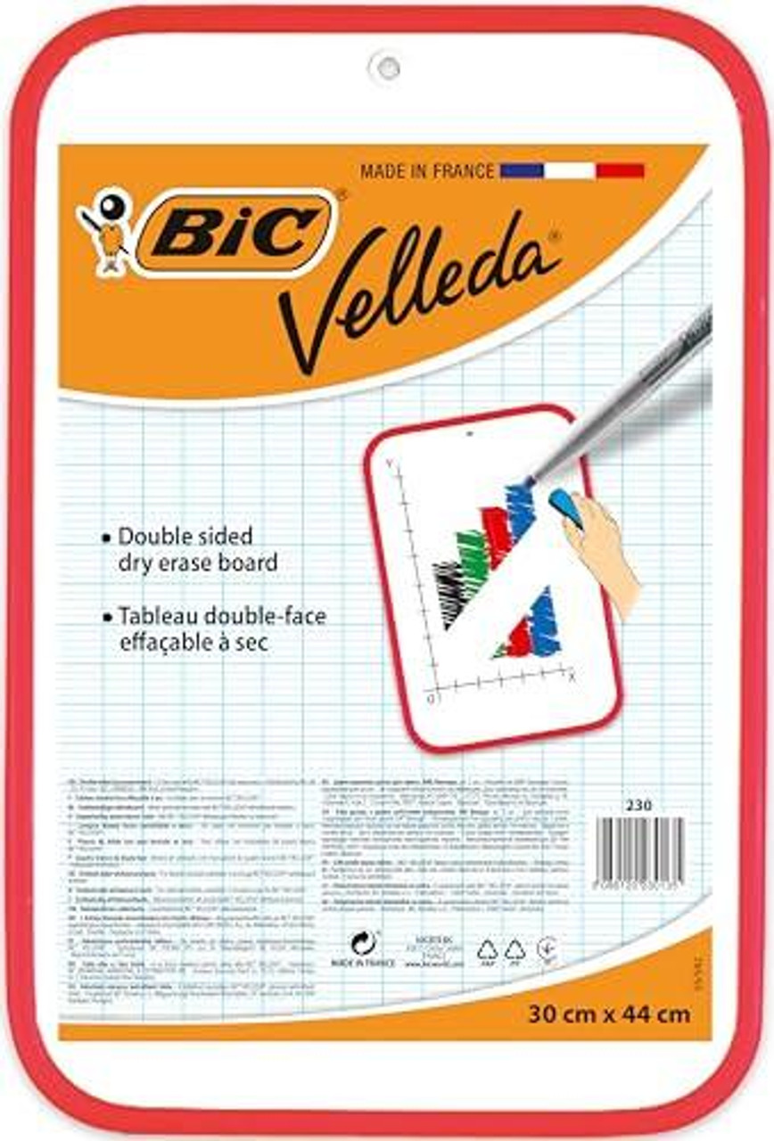 BIC VELLEDA Dry Wipe White Board 30 x 44cm Double-sided board, product packaging showing the dry erase board with a marker and graph illustrations. BIC VELLEDA Dry Wipe White Board 30 x 44cm Double-sided board, product packaging showing the dry erase board with a marker and graph illustrations.