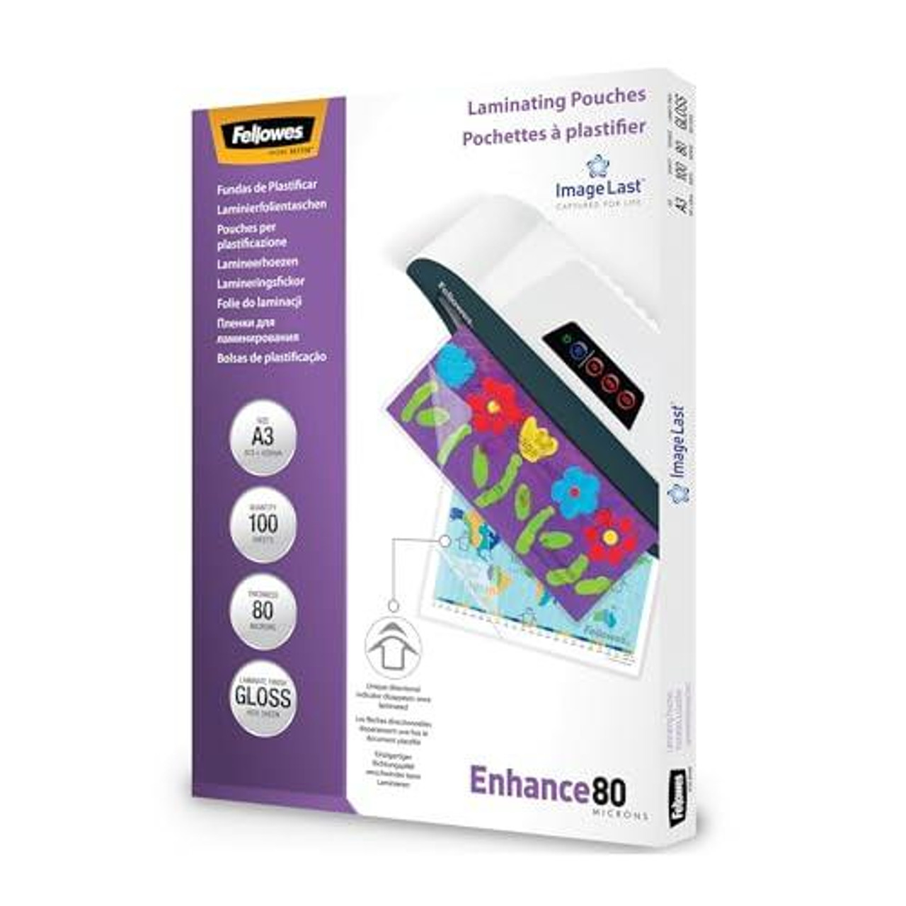 Fellowes A3 Laminating Pouches - Gloss Finish - 100 Sheets - 160 Micron (2 x 80 Micron), high-quality laminating pouches for photos and notices, with Image Last directional quality mark, shown with laminated documents and a laminator machine on the packaging.