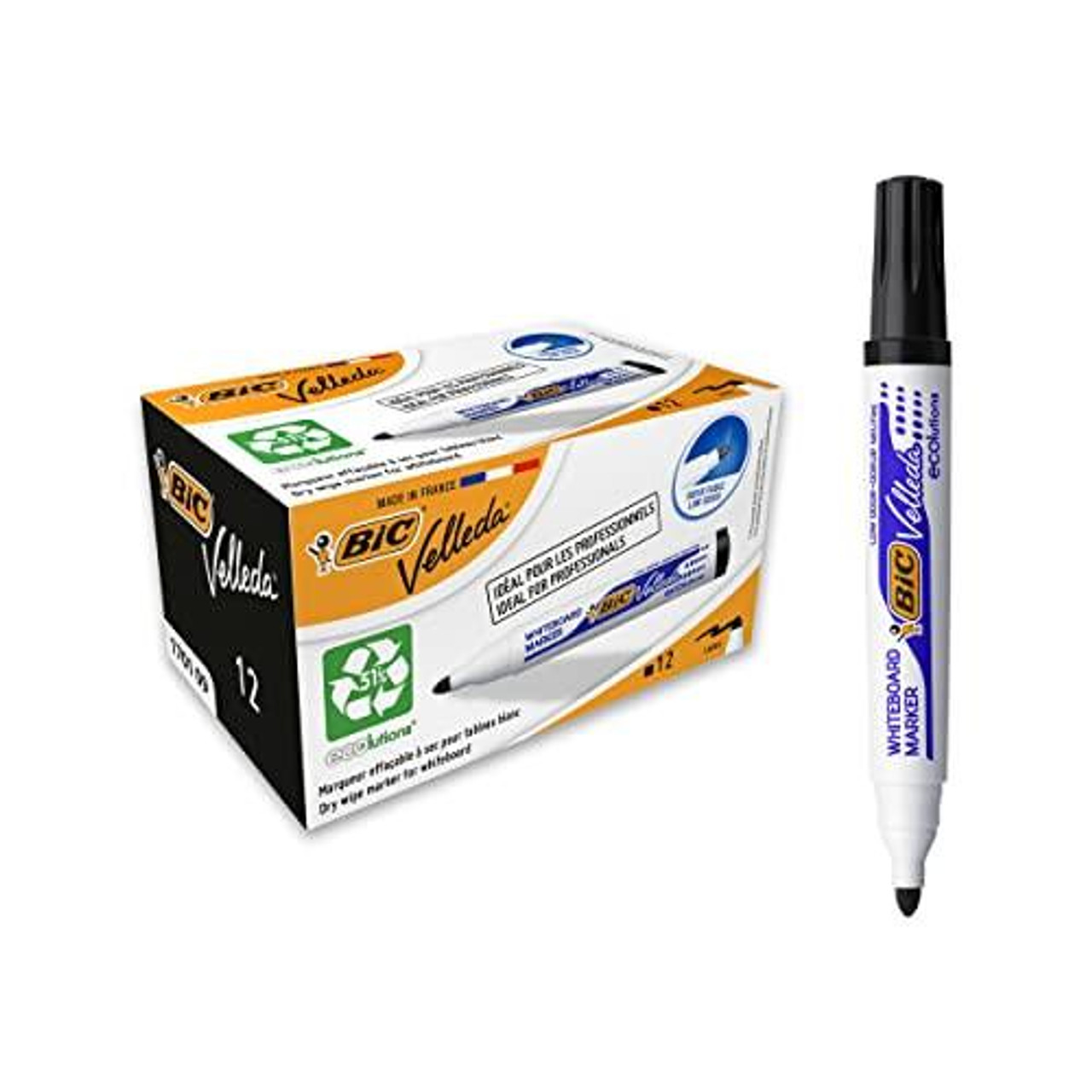 Bic Velleda 1701 Ecolutions Whiteboard Pens, Dry Erase Pens for School Whiteboards, Black Ink, Box of 12, with a black marker pen and packaging box. Bic Velleda 1701 Ecolutions Whiteboard Pens, Dry Erase Pens for School Whiteboards, Black Ink, Box of 12, with a black marker pen and packaging box.