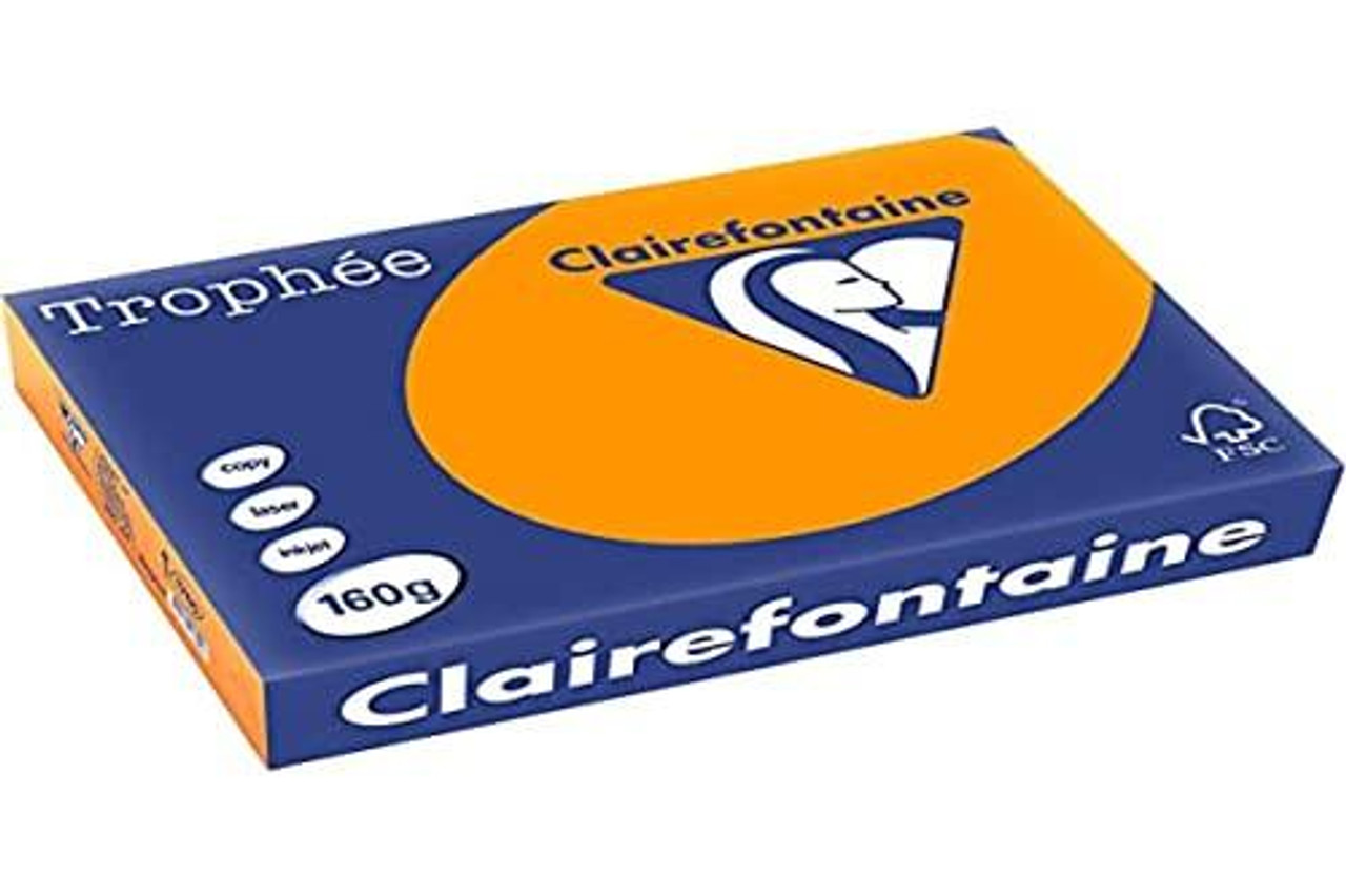 Clairefontaine Trophee Paper 160g/1042C A4 Clementine/Orange, box of 250 sheets with orange and blue packaging featuring a logo and product details. Clairefontaine Trophee Paper 160g/1042C A4 Clementine/Orange, box of 250 sheets with orange and blue packaging featuring a logo and product details.