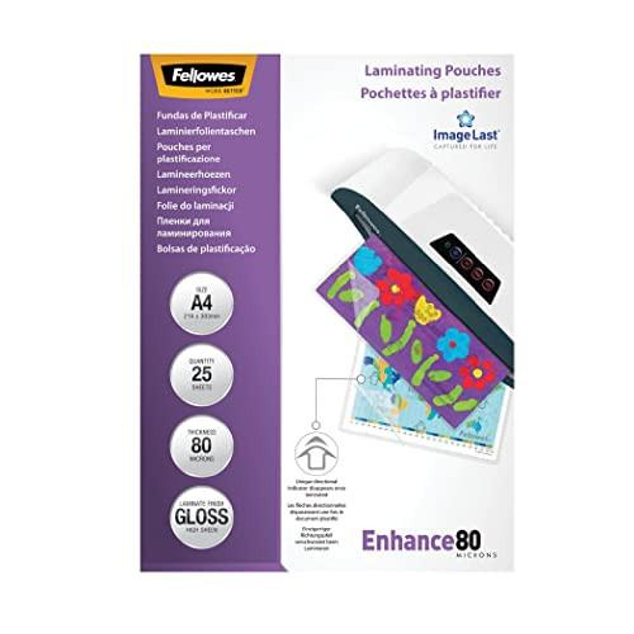 Fellowes ImageLast A4 80 Micron Laminating Pouch - Pack of 25, transparent, with colorful artwork being laminated in the pouch.