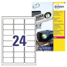 Avery Heavy Duty Laser Labels 64x34mm 24 Per Sheet White, package showing sheets of labels with 24 labels per sheet and a pack of 480 labels.