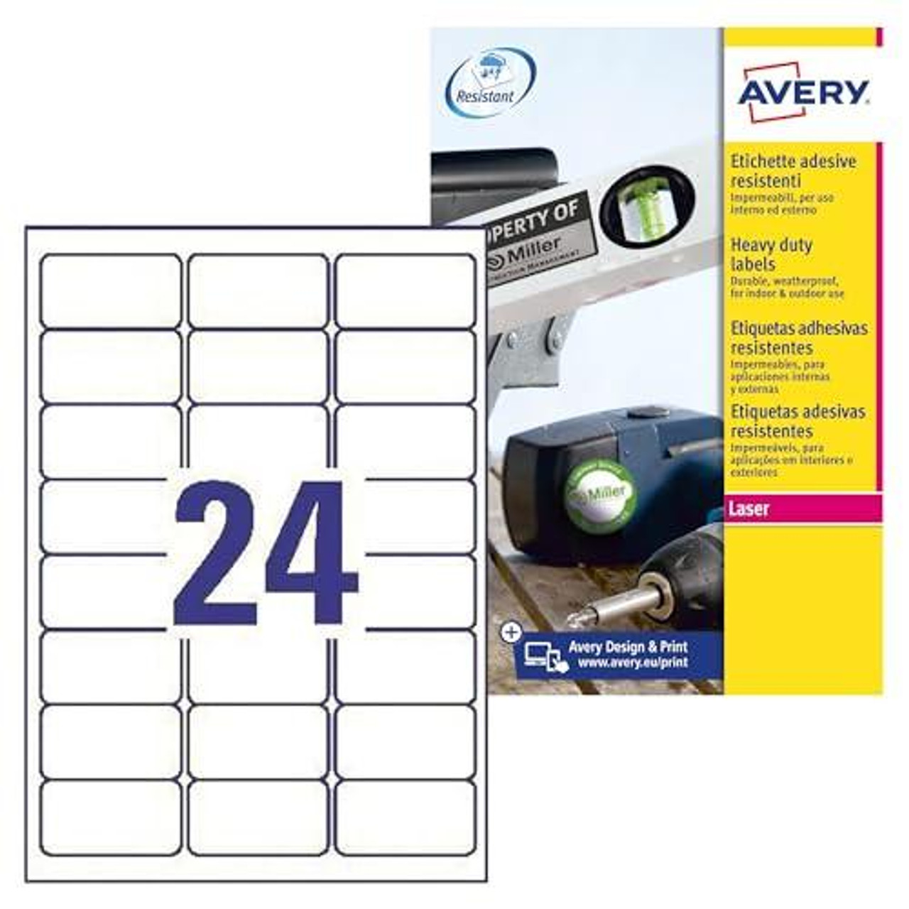 Avery L4773-20 Extra-Strong Weatherproof Labels, Printable and Customisable, Heavy Duty White Labels, 24 Labels Per A4 Sheet, image showing product packaging and a sheet of 24 white weatherproof labels with bold number 24 printed on one label.