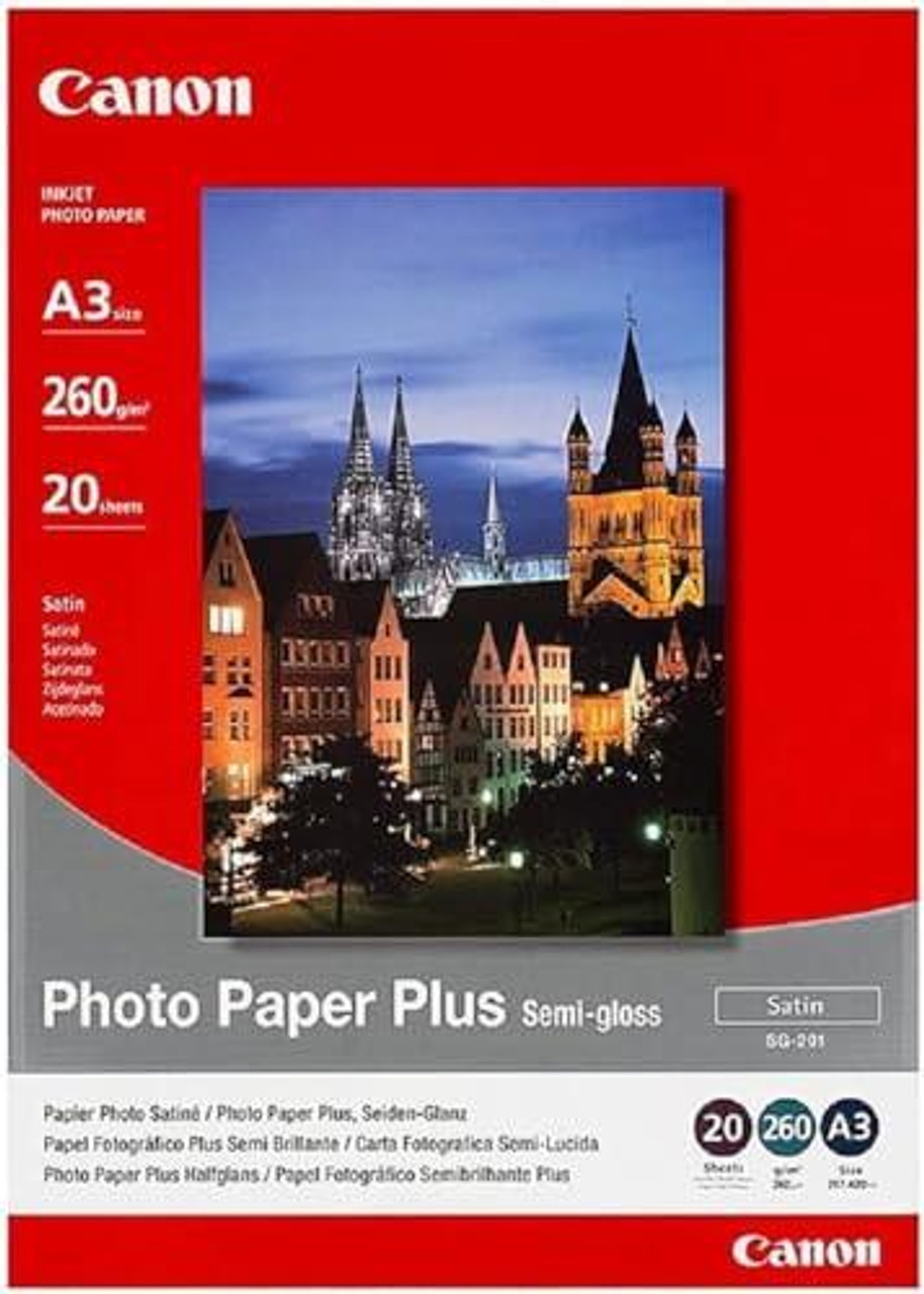Canon Photo Paper Plus SG-201 - Semi-gloss photo paper - A3 (297 x 420 mm) - 260 g/m2 - 20 sheets, Black, product packaging featuring an image of a cityscape at night with historic buildings.