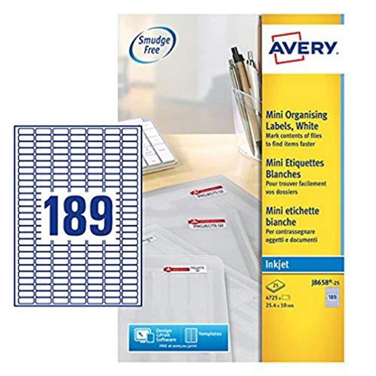 Avery J8658-25 Printable, Customisable Mini Filing Labels, 189 Labels Per A4 Sheet, White, packaging with sample mini labels, and office supplies in the background.