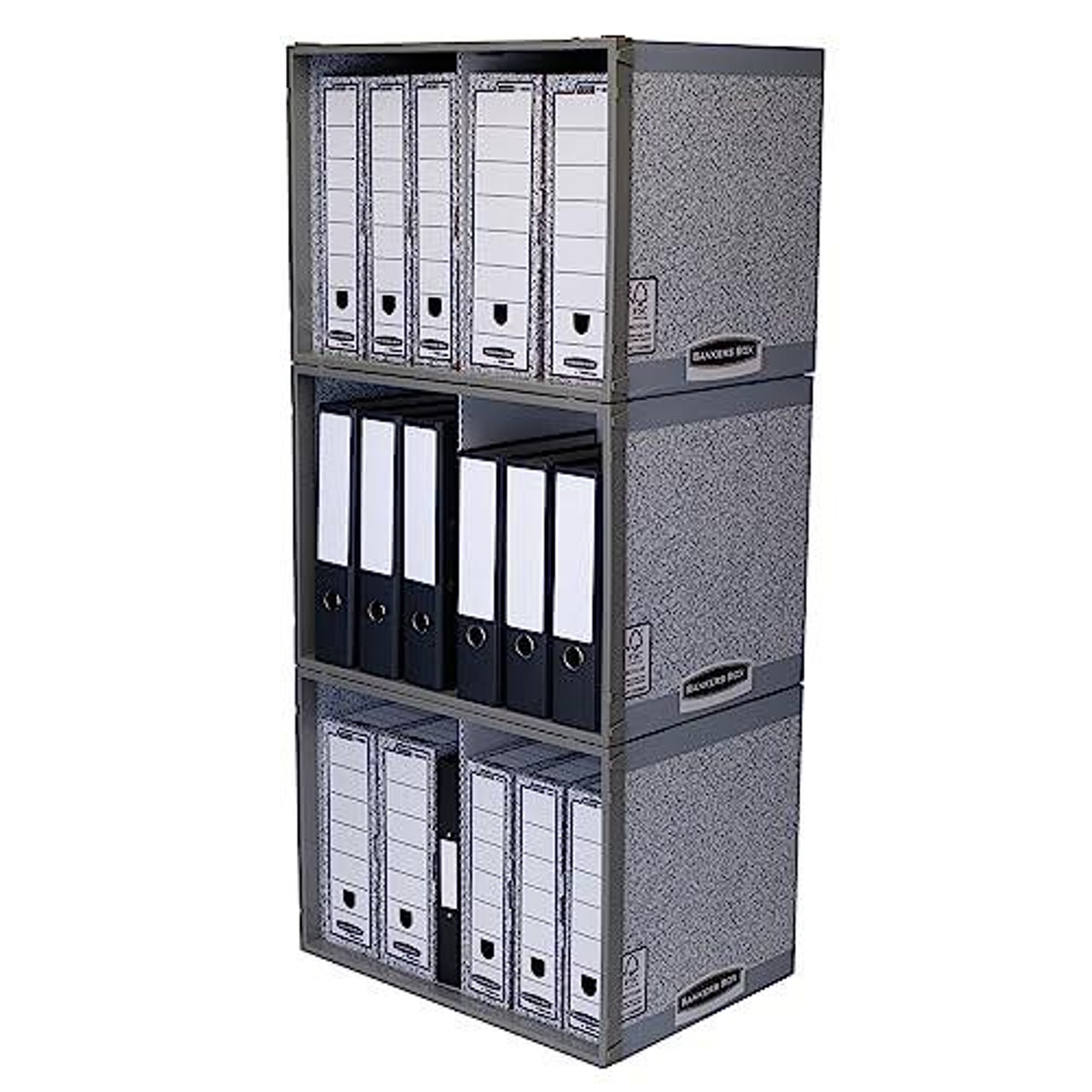 Fellowes R-Kive System STAX File Store (Pack of 5), an organizational file storage unit with three shelves holding multiple white and black binders, designed for office or home use.
