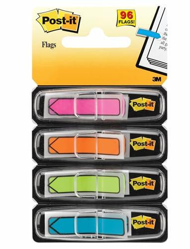 Post-it Index Small Arrows in a Plastic Dispenser, Assorted Colours, 11.9 mm x 43.2 mm, 24 Flags/Dispenser, 4 Dispensers/Pack - four separate dispensers with small arrow-shaped flags in pink, orange, green, and blue, stored in a transparent plastic case.
