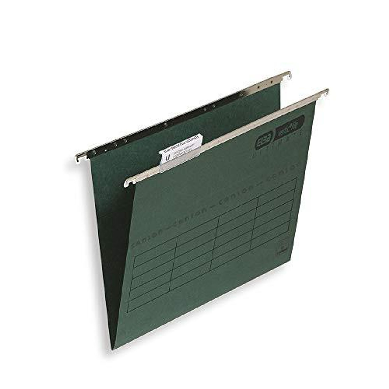 Elba Ultimate Foolscap Manilla Suspension Files, V-Base, 240 gsm - Dark Green, Pack of 50, with metal hanging rail and lined label window for organized filing.