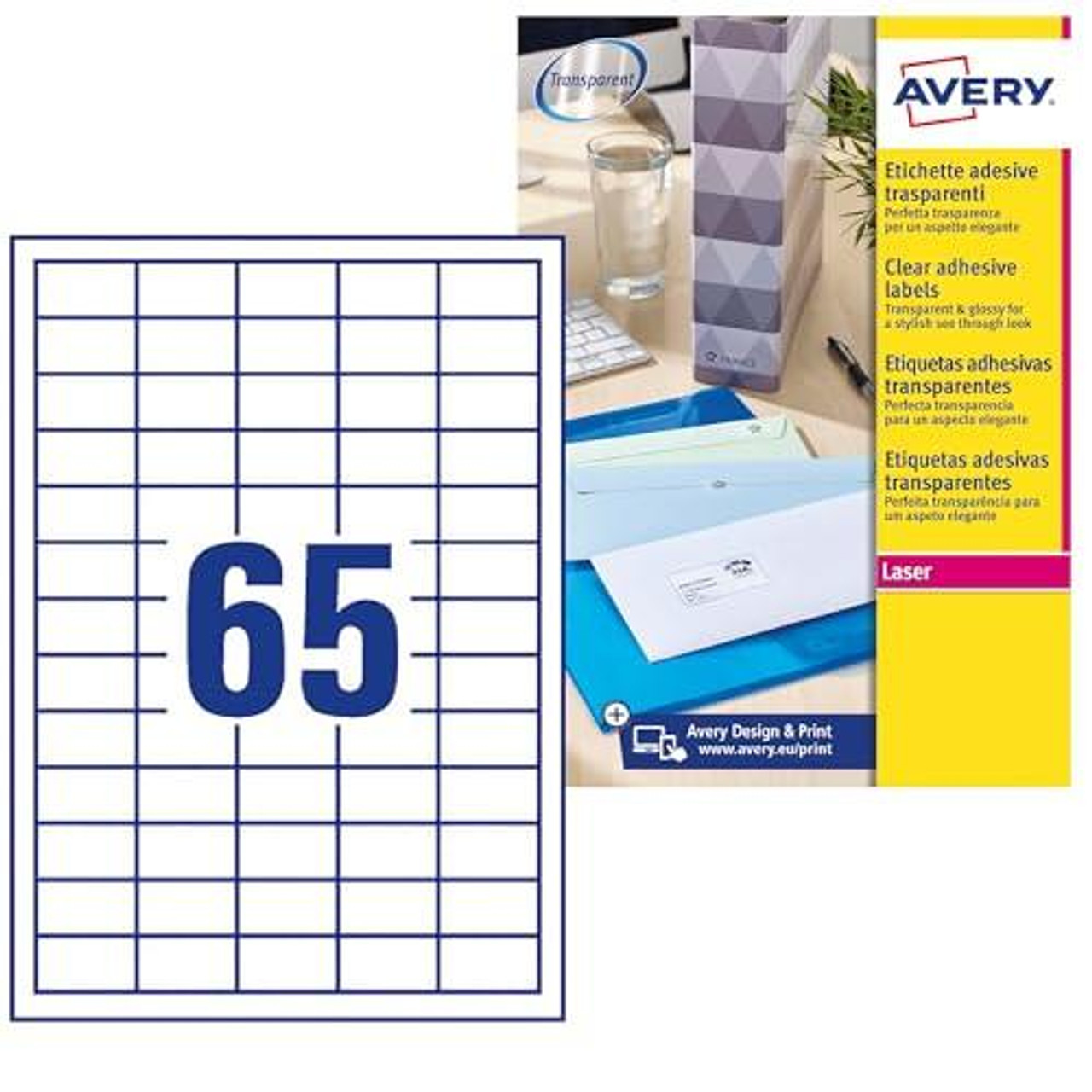 Avery Transparent Printable, Customisable Mini Return Address Labels, Laser Printers, product image showing a sheet of 65 clear labels with the number 65 printed, designed for labeling and addressing purposes.