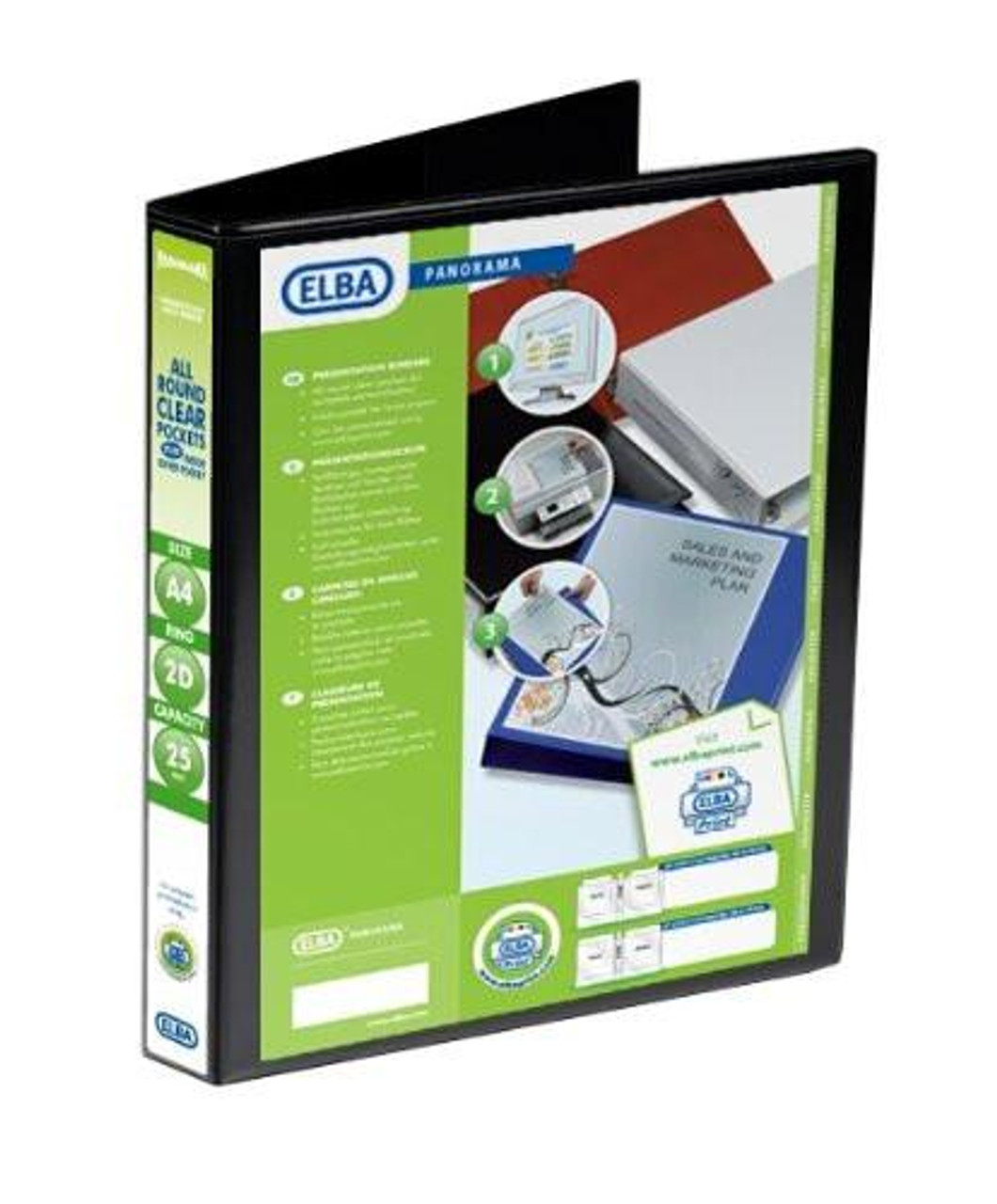 Elba Panorama A4 Presentation Ring Binder, Black, Pack of 6, showcasing a set of black ring binders with a transparent cover and a green and blue label design.