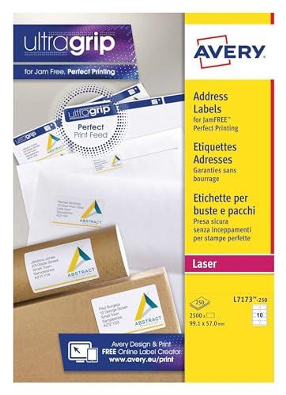 Avery Printable, Customisable Address Mailing Labels, Laser Printers, 10 Labels per A4 Sheet, 2500 Labels, QuickPEEL (L7173), White, packaged product image showing the label sheets and packaging.