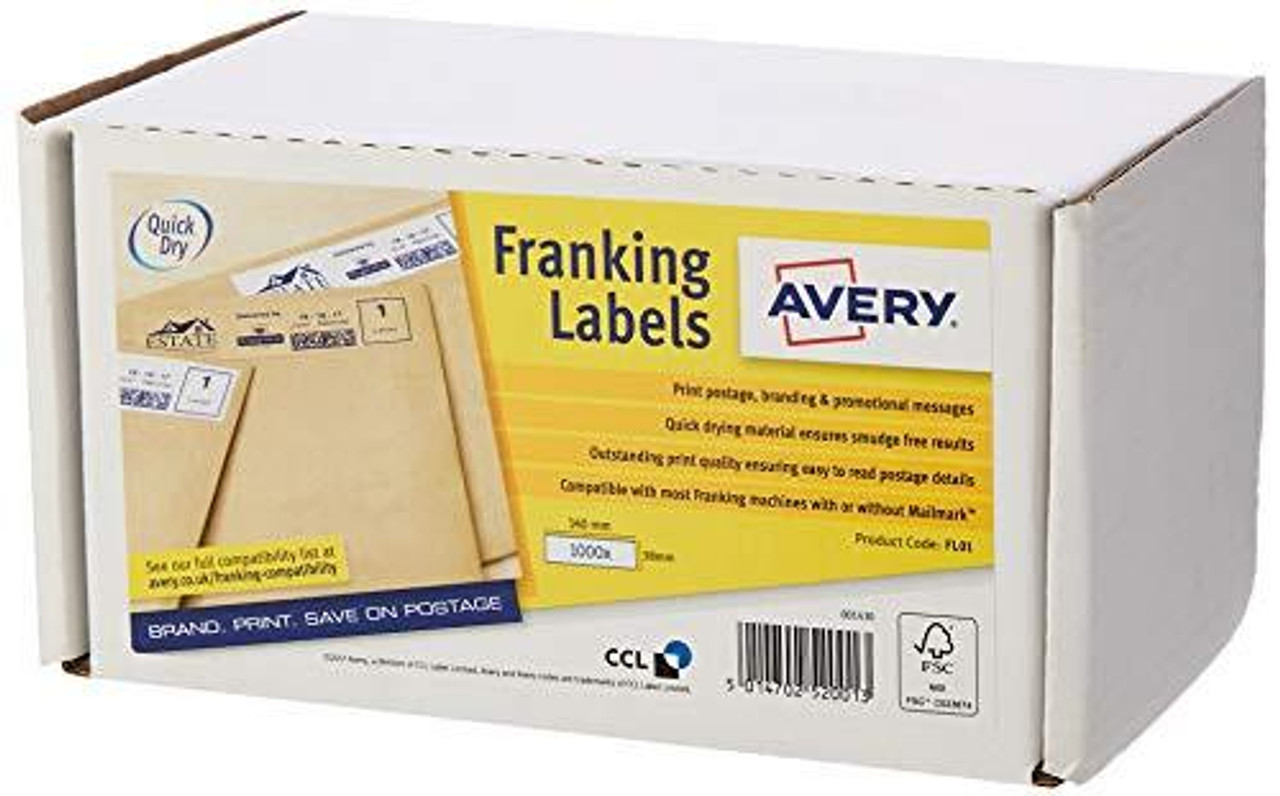 Avery FSC Franking Labels, Manual Feed, 2 Labels Per Sheet, 1000 Labels, Quickdry, White - packaging box showing labels for postage and mailing.