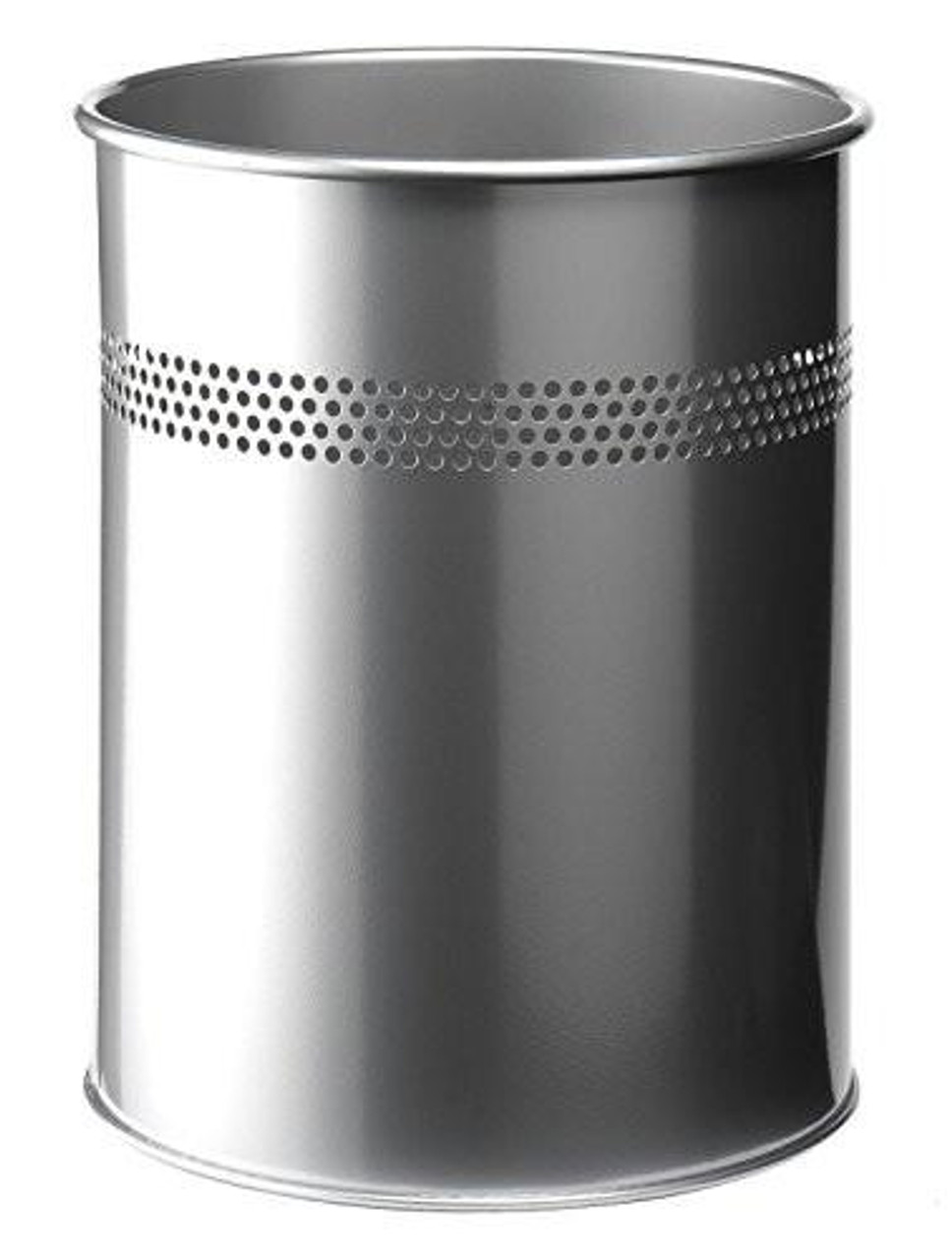 Durable Metal Round Waste Bin Silver 15 Litre Capacity, cylindrical waste basket with perforated ring, ideal for offices, schools, and home use.