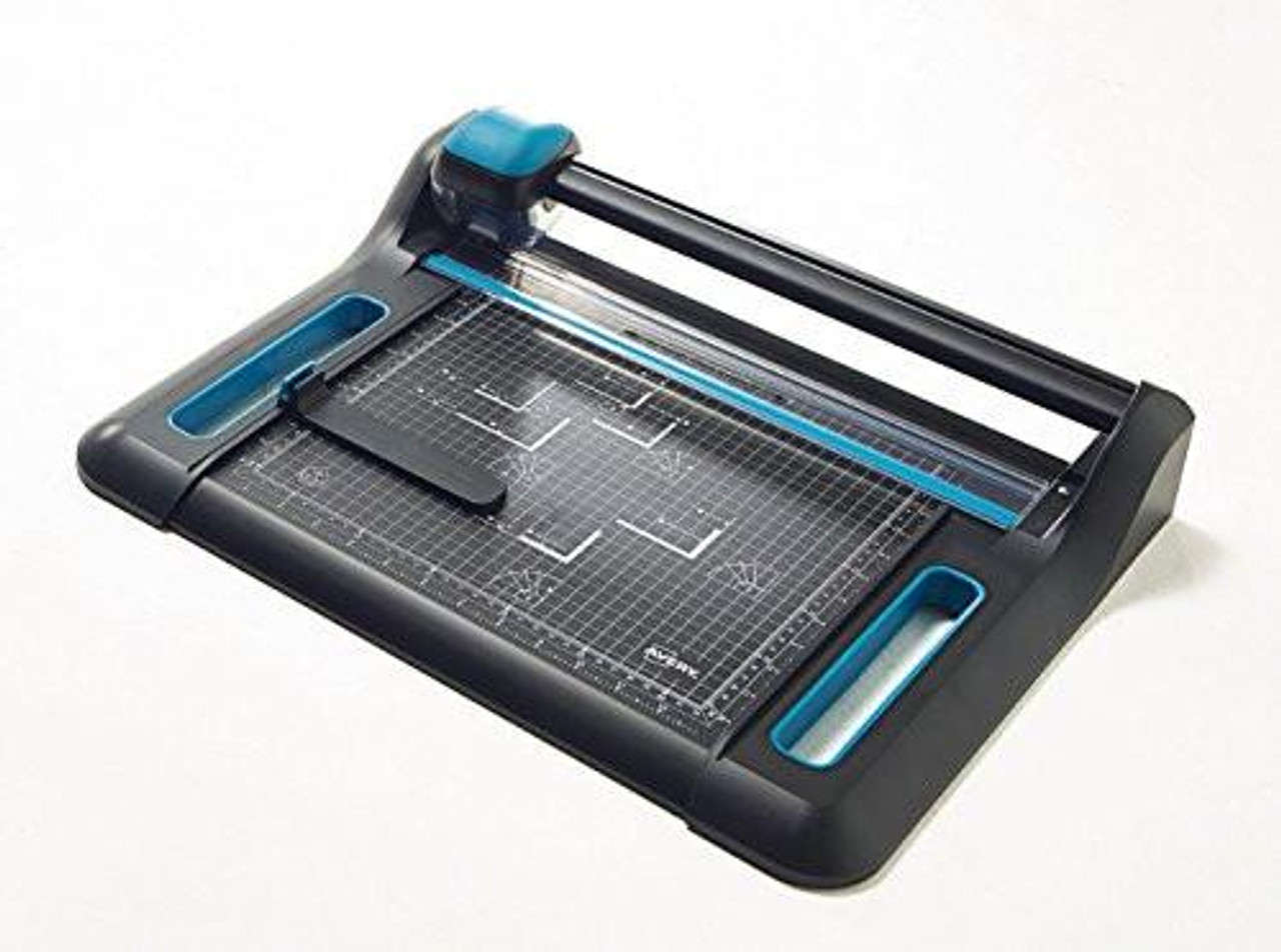 Avery A4 P340 Precision Trimmer Paper Cutter, Black and Teal, showing the cutting blade, cutting mat, and measurement grid for precise paper trimming.