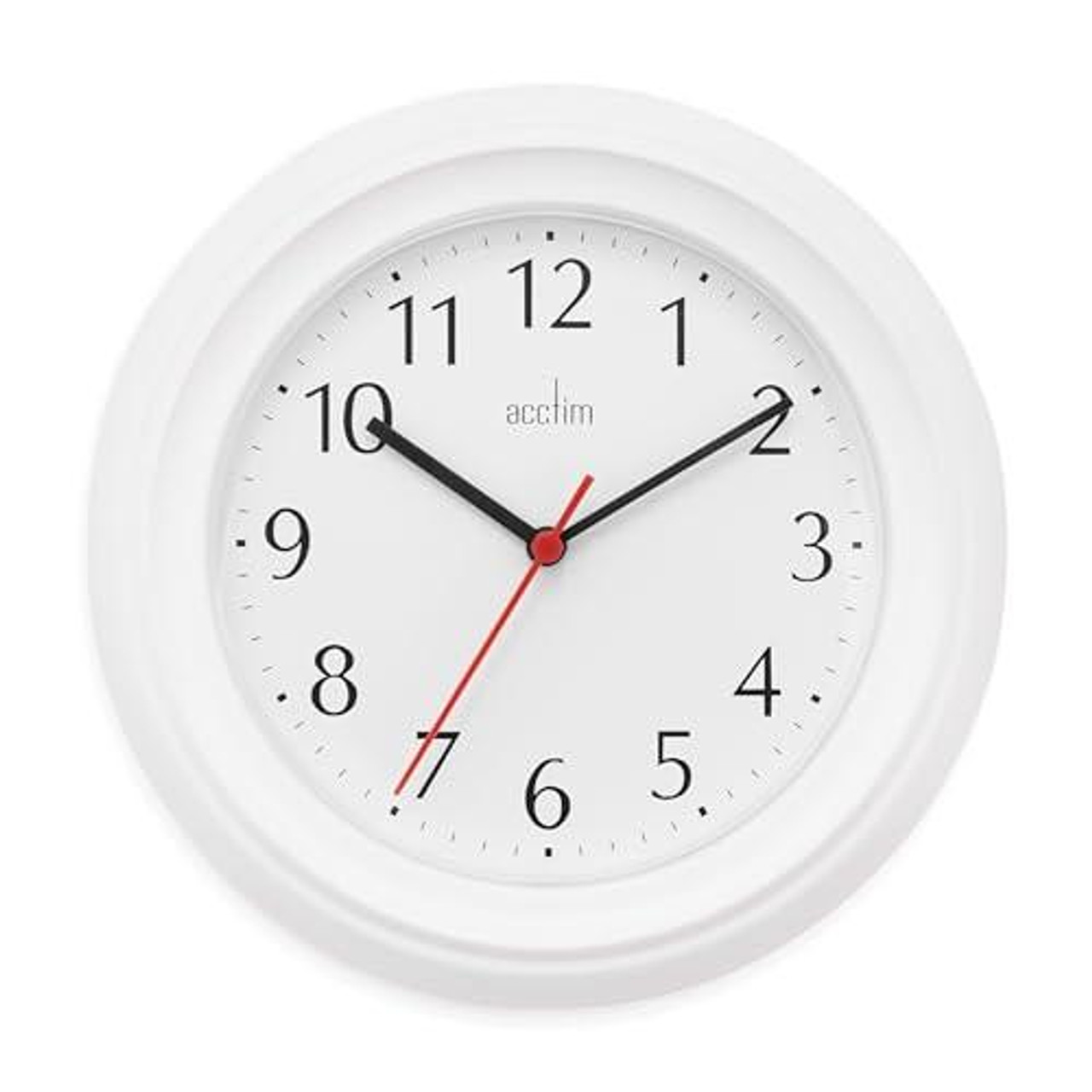 Acctim Wycombe Kitchen Wall Clock Quartz Arabic Numerals White 22cm 21412, close-up of a round white wall clock with black Arabic numerals, black hour and minute hands, and a red second hand.