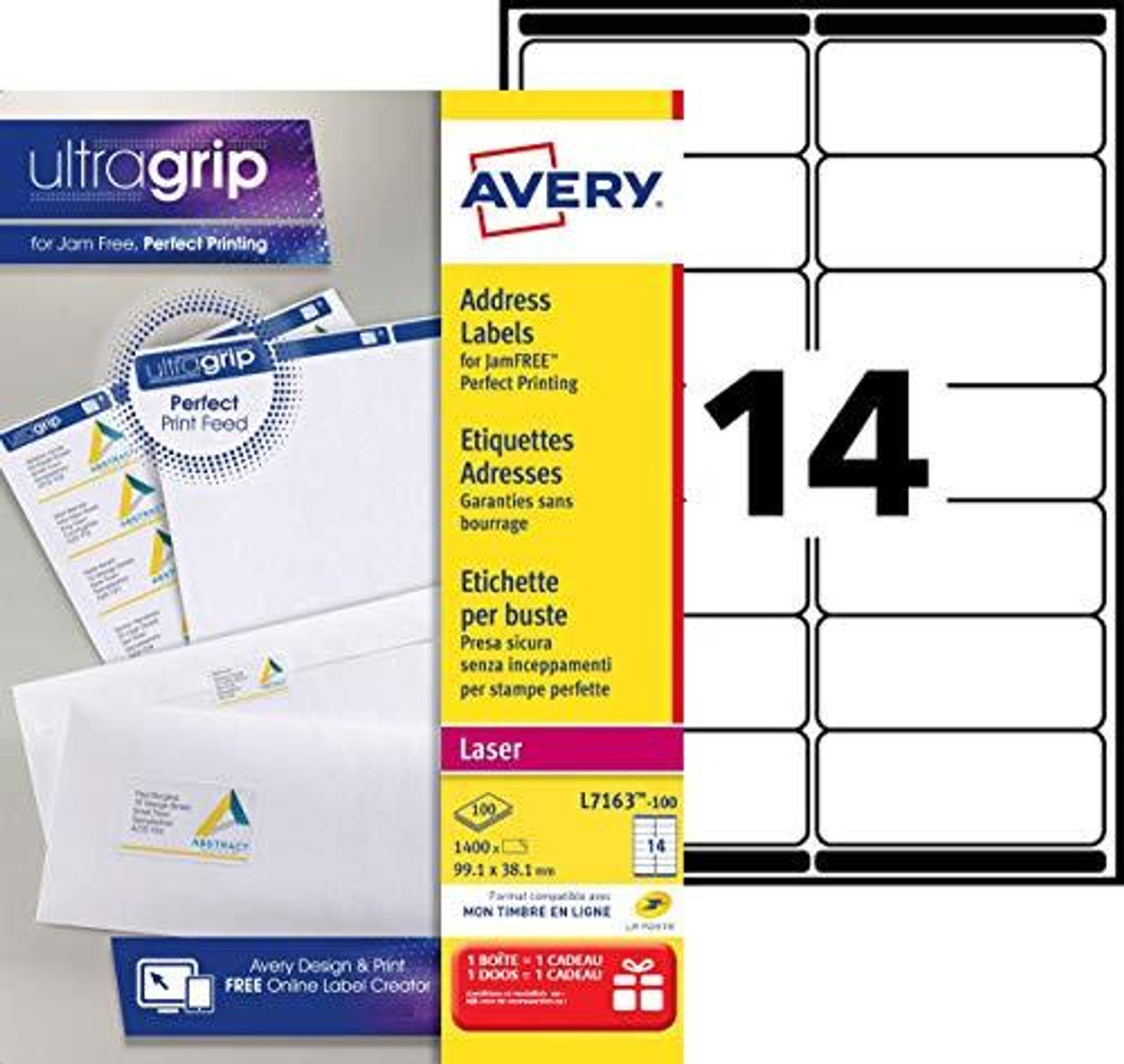 Avery Printable, Customisable Address Mailing Labels, Laser Printers, 14 Labels per A4 Sheet, 1400 Labels, UltraGrip (L7163-100), White, 100 Sheets - image shows a pack of labels with a sample mailing label and the product packaging.