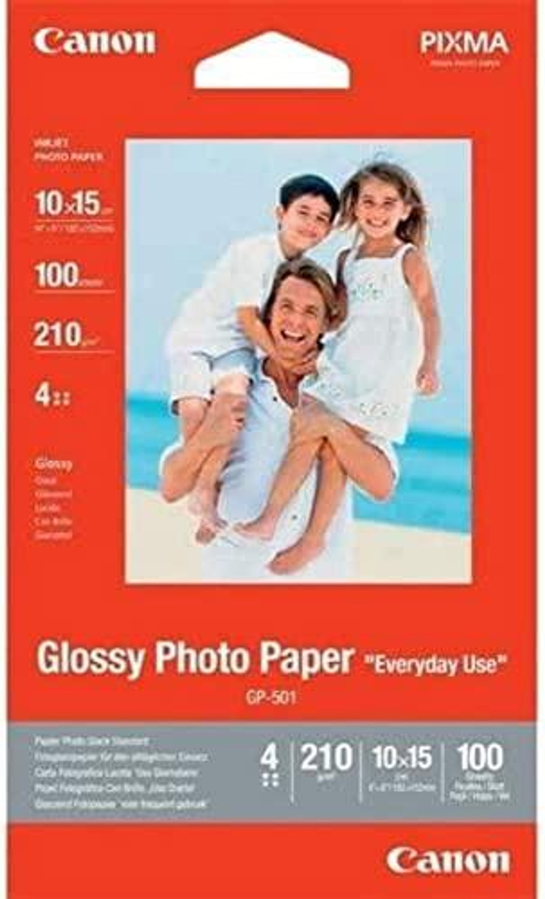 Canon GP 501 Glossy Photo Paper, 10 x 15 cm, 100 Sheets, with a packaging image featuring a smiling family at the beach on the cover.