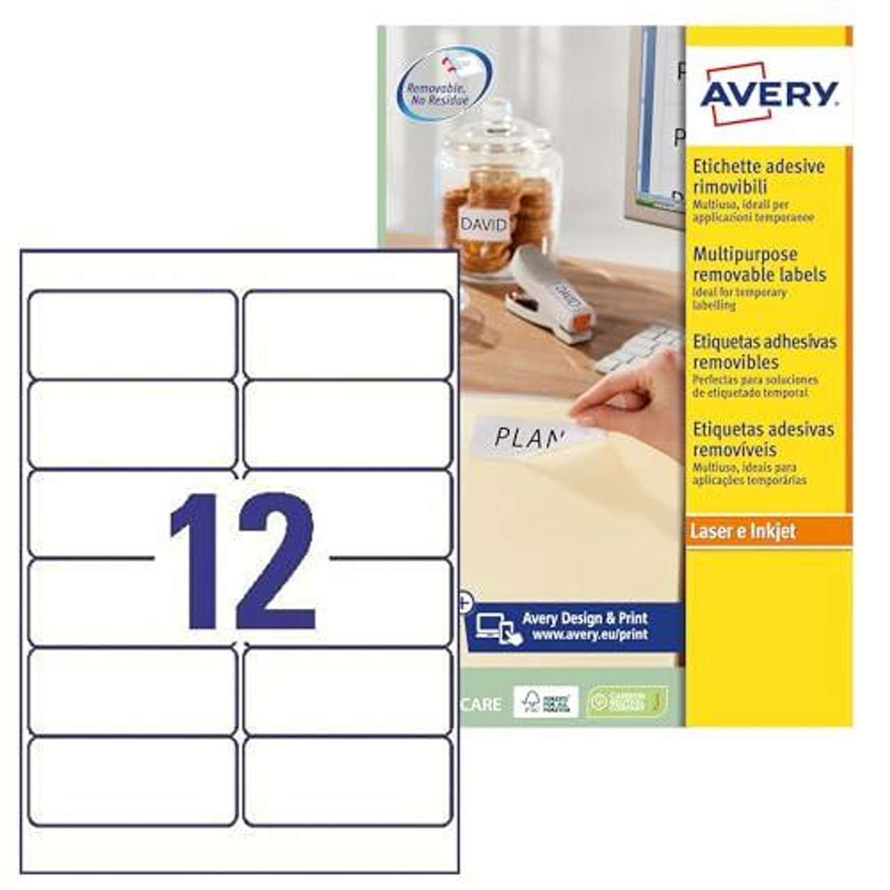 Avery L4743REV-25 Printable, Customisable Removable Labels, 12 Labels per Sheet, White, 300 Labels - A4 Size, with a sheet of removable labels and a product packaging box showing features