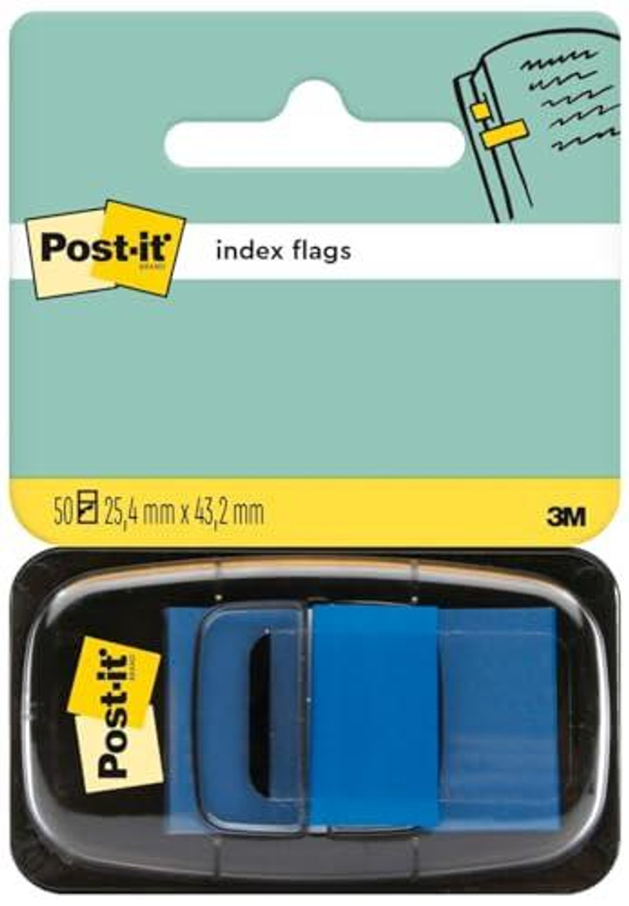 Post-it Index Flags, Medium, Blue, 1 Dispenser 25.4 mm x 43.2 mm, 50 Flags - To Mark, Highlight or Color Code Important Information, with a plastic dispenser containing blue index flags on a card.
