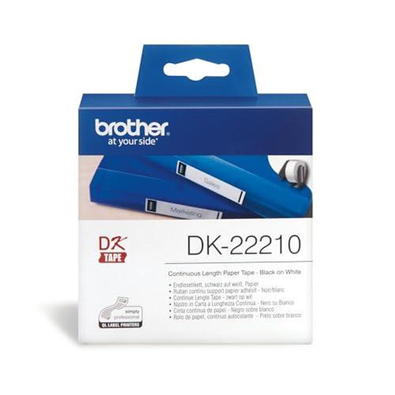 Brother DK-22210 Black on white roll labels, 2.9 cm x 30.5 m, for Brother QL-1050, 1060, 500, 550, 560, 570, 580, 600, 650, 700, 710, 720, 820 printers.