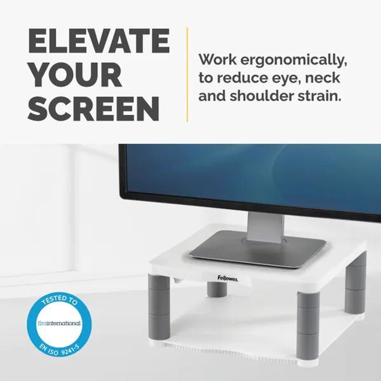Fellowes Premium Plus Adjustable Monitor Stand – White, ergonomic white monitor stand with adjustable height for better desk setup.