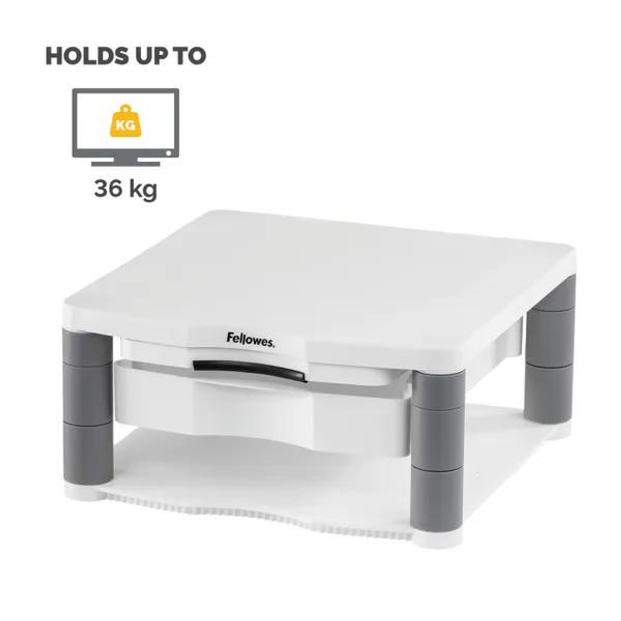 Fellowes Premium Plus Adjustable Monitor Stand – White, ergonomic desk accessory with a sturdy white platform and grey adjustable legs for height and tilt customization.