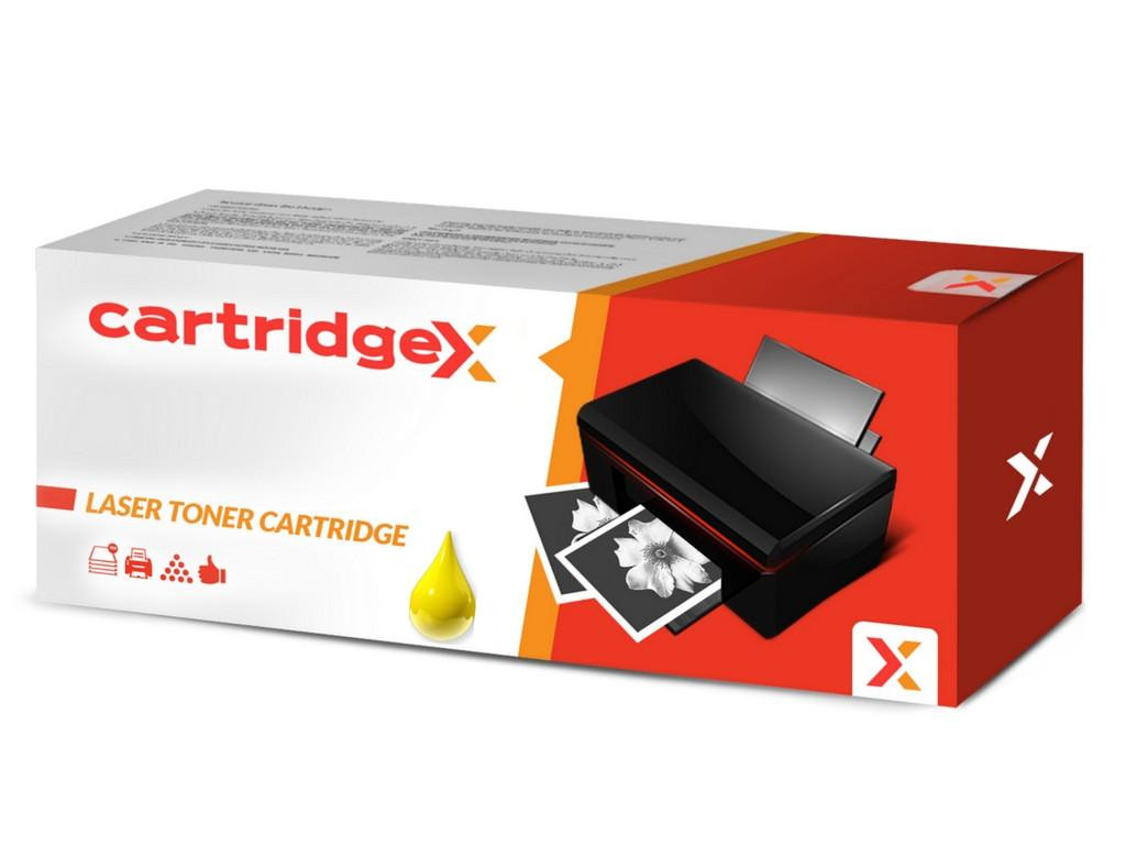 Cartridgex Compatible Yellow Toner Cartridge, compatible with Oki 46471101 C823, shown in packaging with a printer and printed photos.