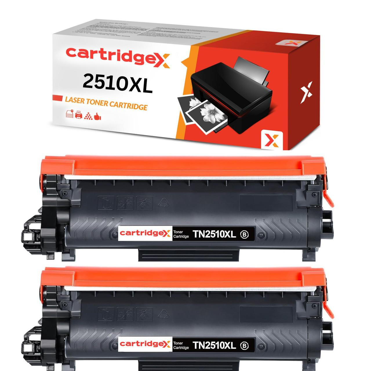 Cartridgex 2 x Black Non-OEM Toner Cartridge For Brother TN2510XL, image showing two black toner cartridges and packaging box for Brother printers.