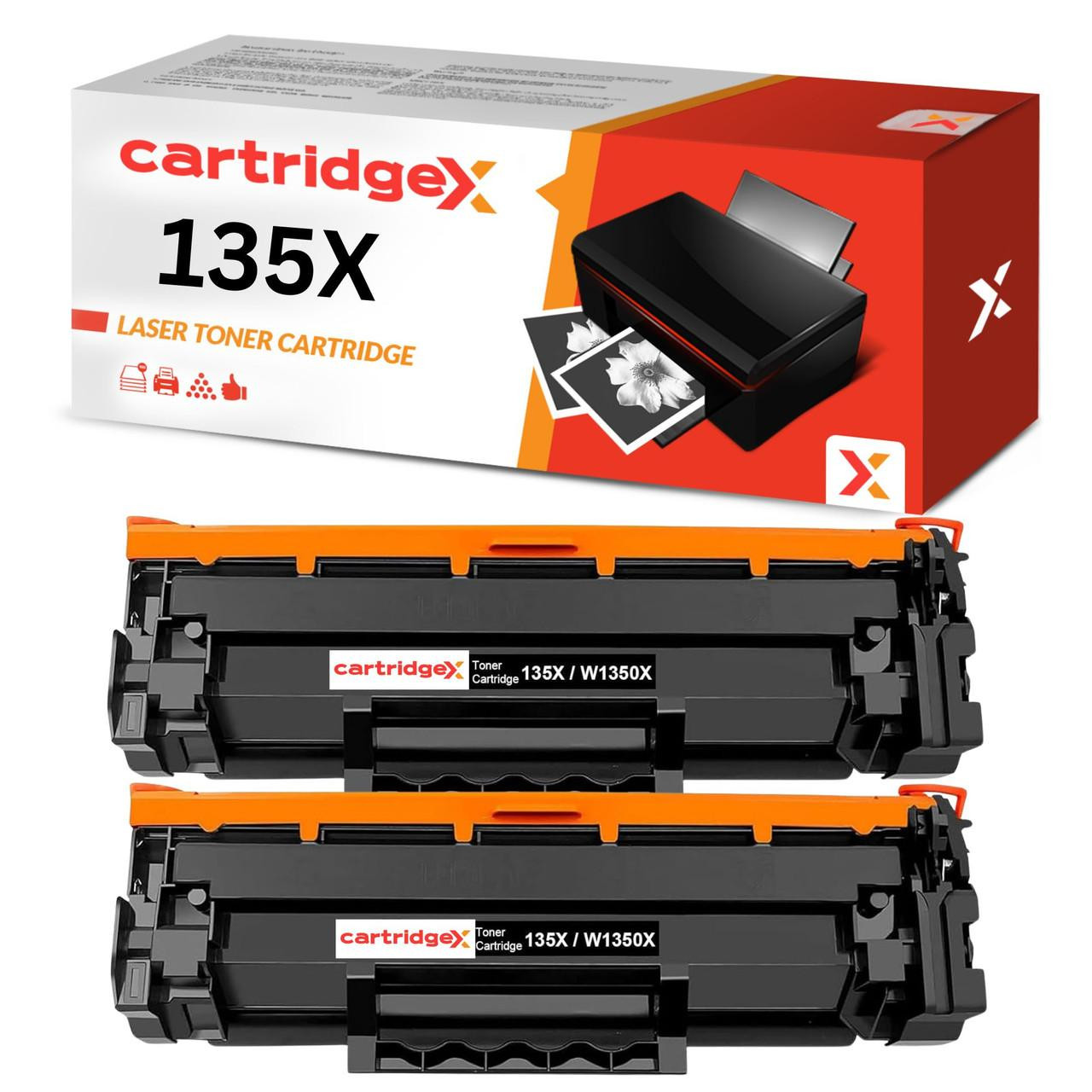 Cartridgex 2 Pack Black Toner Cartridges, compatible with chip for HP 135X W1350X LaserJet M209d, M209dw, M209dwe, M234d, M234dw, M234dwe, M234sdn, M234sdne, M234sdw, image of the toner cartridges and packaging.