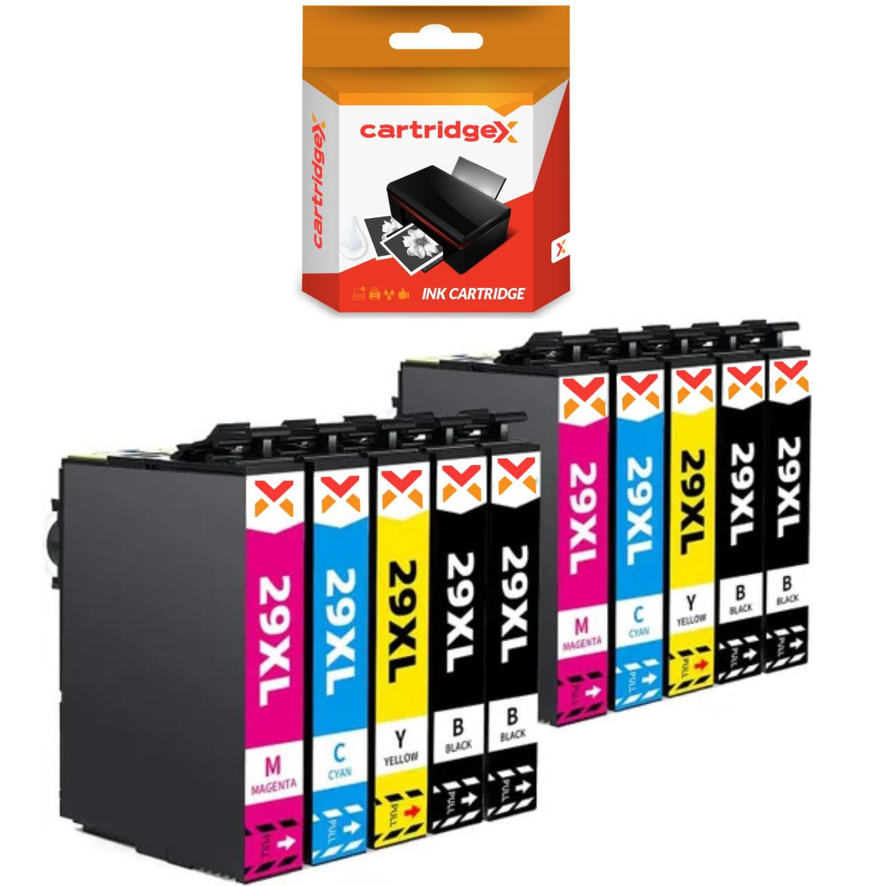 Cartridgex Black Ink Cartridge 10 Pack Compatible With Epson 29XL T2991 T2992 T2993 T2994, image of a set of 10 ink cartridges with magenta, cyan, yellow, and black colors and a single black ink cartridge box. Cartridgex Black Ink Cartridge 10 Pack Compatible With Epson 29XL T2991 T2992 T2993 T2994, image of a set of 10 ink cartridges with magenta, cyan, yellow, and black colors and a single black ink cartridge box.