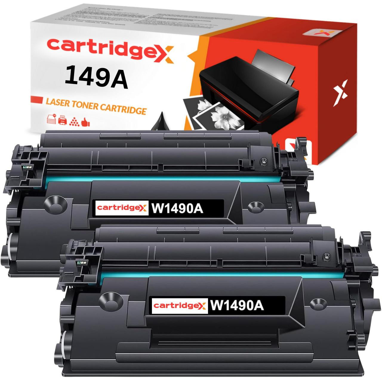 Cartridgex 2-Pack Compatible Toner Cartridge with Chip for HP 149A, image of two black toner cartridges and their packaging box showing the cartridges and box design for high page yield.