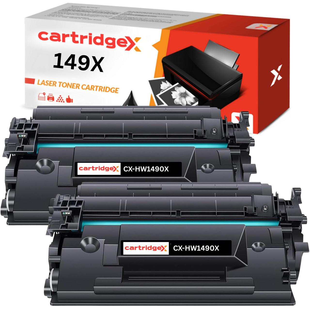 Cartridgex 2-Pack Compatible HP 149X (W1490X) Black Toner Cartridges, high yield with chip, 9,500 pages each, shown with a printer and packaging. Cartridgex 2-Pack Compatible HP 149X (W1490X) Black Toner Cartridges, high yield with chip, 9,500 pages each, shown with a printer and packaging.