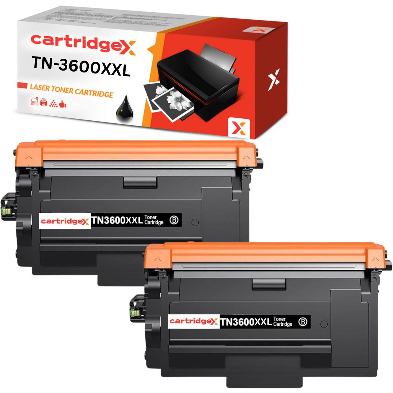 Cartridgex Compatible Brother TN3600XXL Toner Cartridge 2-Pack – Extra High Capacity Black, image of two toner cartridges and the packaging box for the cartridges.