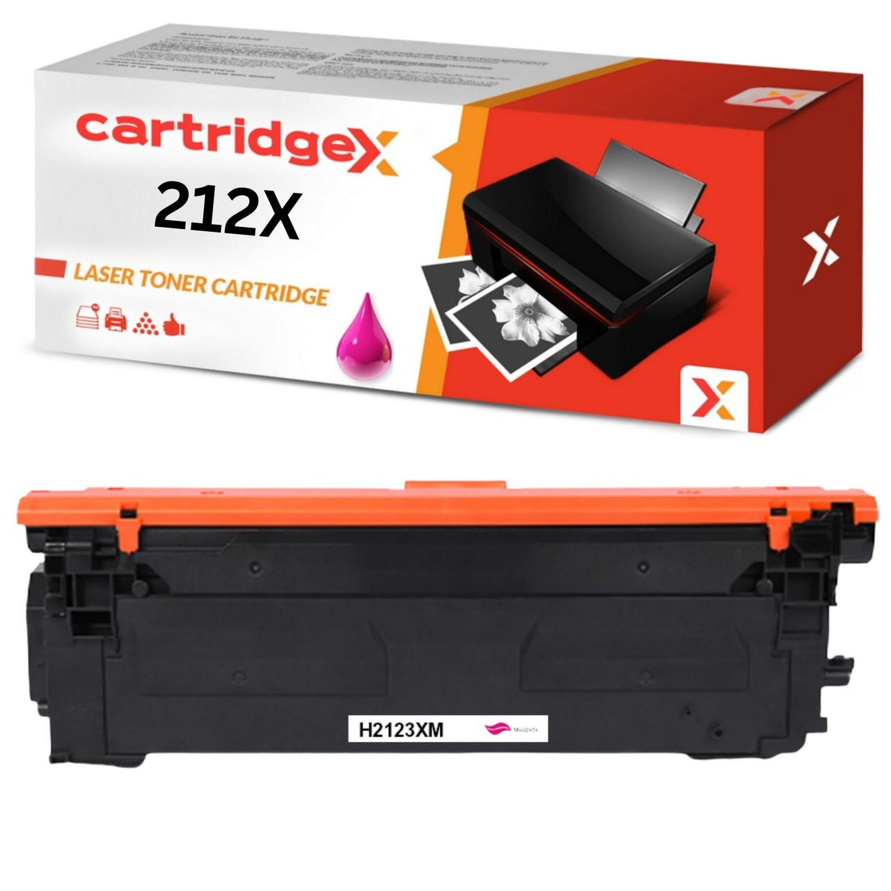 Cartridgex Compatible HP 212X High Capacity Magenta Toner Cartridge (W2123X), toner cartridge with orange and black design, and packaging box showing the product image and description.