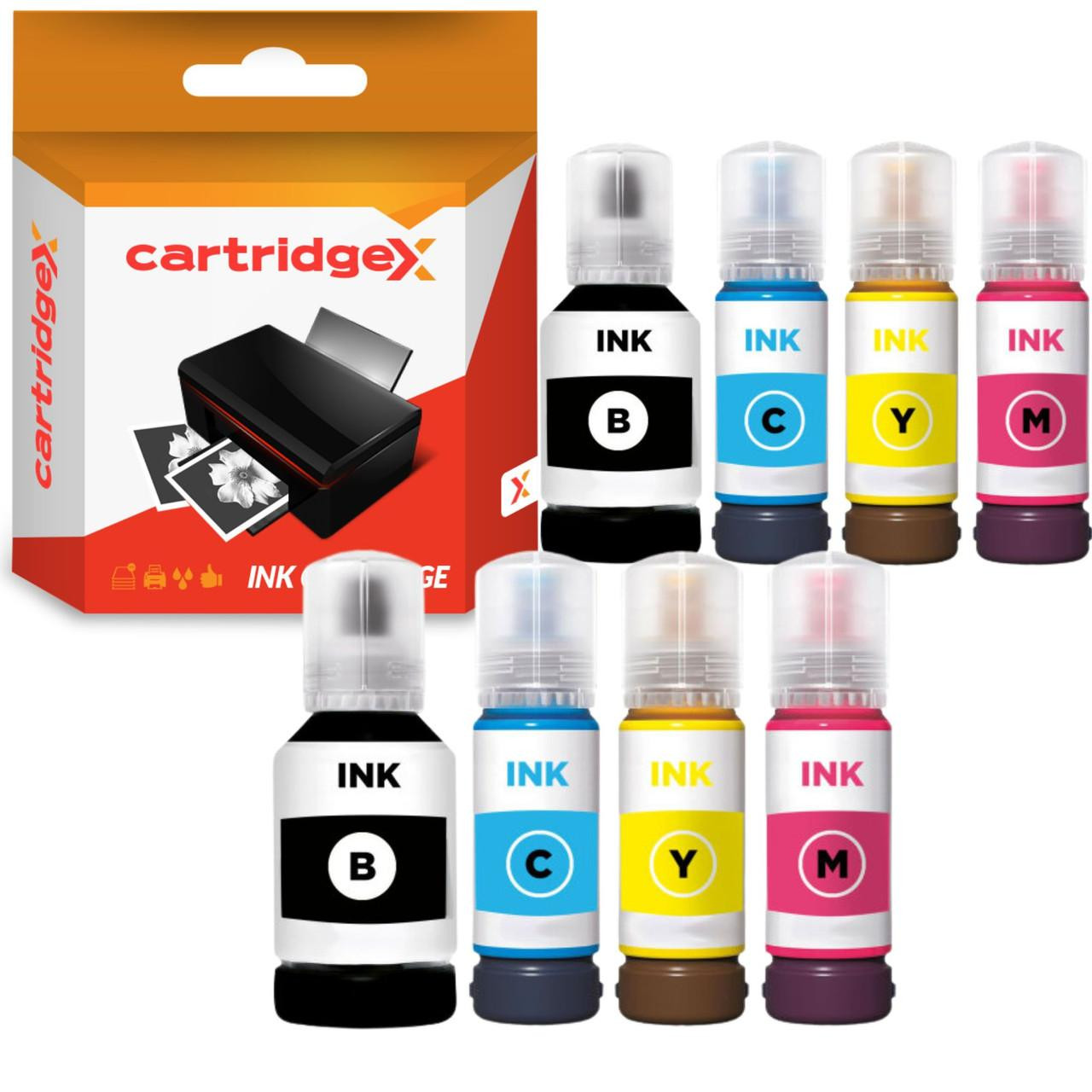 Cartridgex Compatible 8 Ink Refill Bottle Set – 2 Full Sets Replacement for Epson 113 Series, image shows a set of eight refill bottles with black, cyan, yellow, and magenta ink, alongside the product packaging.