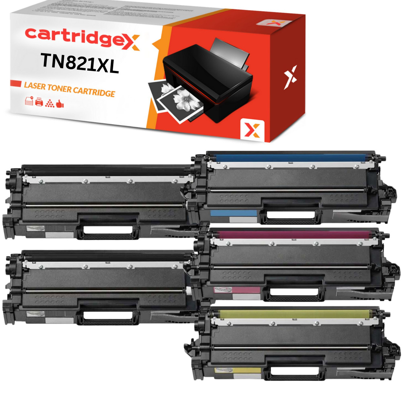 Compatible 5 Pack Toner Cartridge Set Replacement For Brother TN-821XL CMYK Plus Extra Black High Capacity