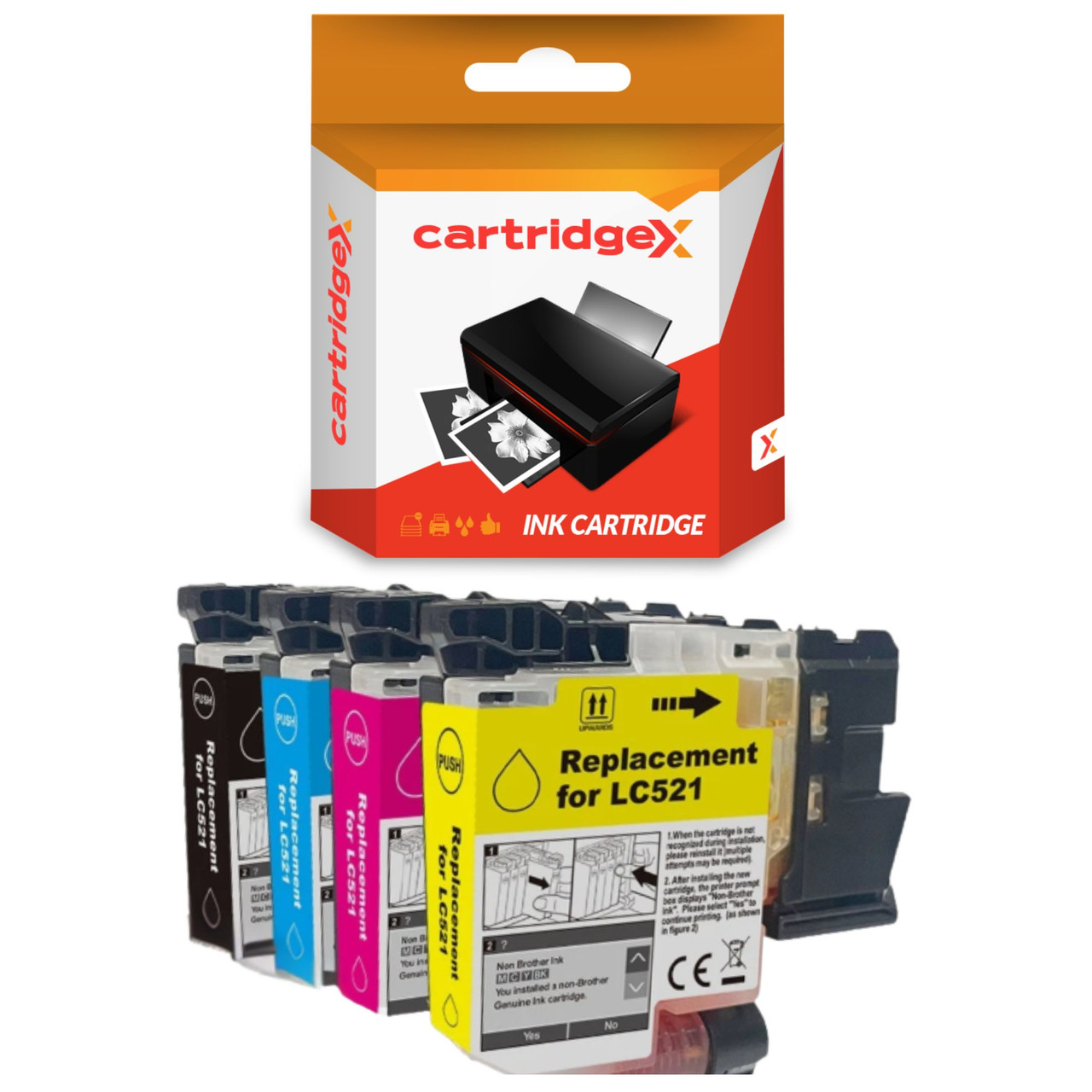 Cartridgex Compatible 4 Pack Ink Cartridge Set Replacement For Brother LC-521 CMYK, image of four ink cartridges in black, cyan, magenta, and yellow colors in front of the product packaging.