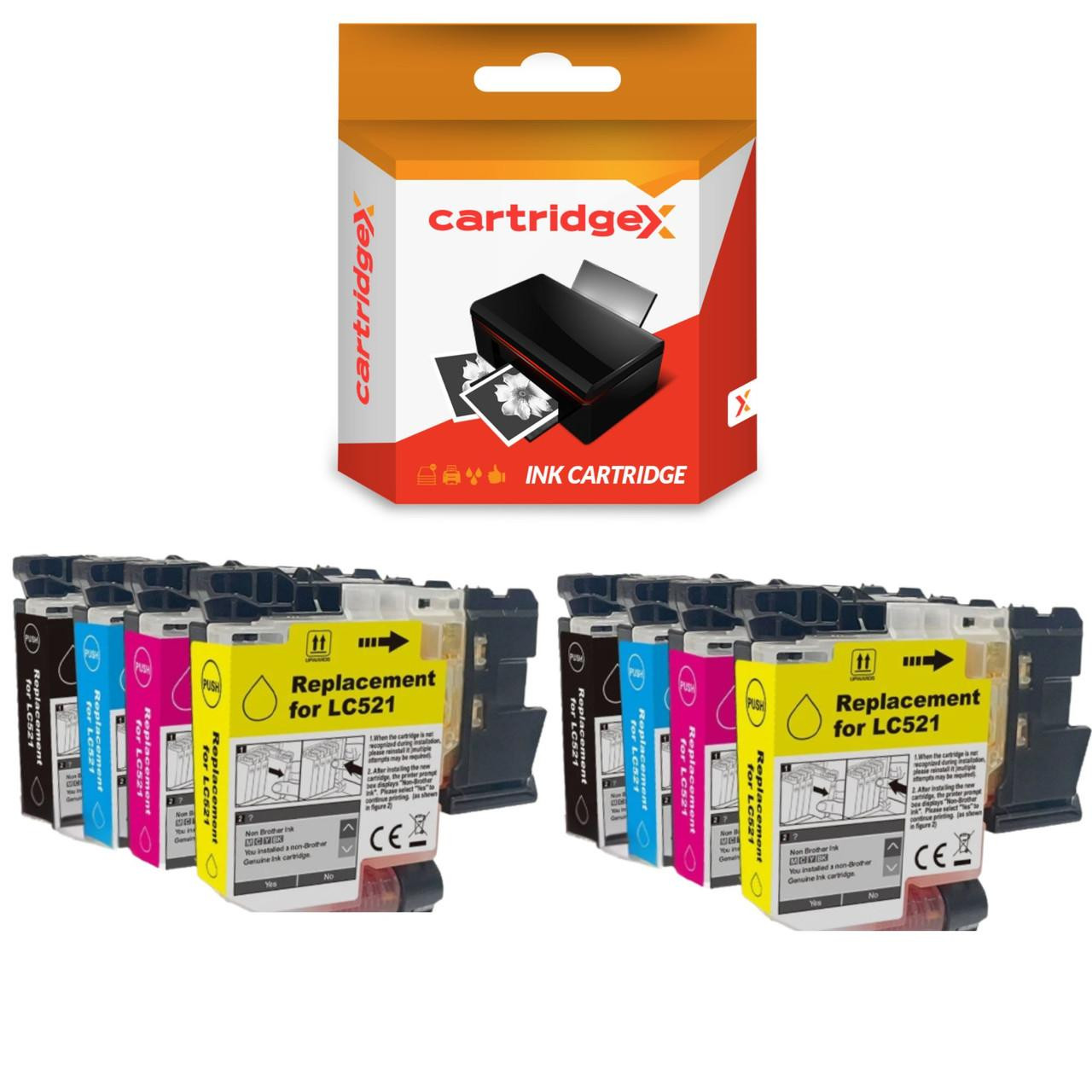 Cartridgex Compatible 8 Pack Ink Cartridge Set Replacement For Brother LC-521 CMYK, image of the ink cartridges and packaging. 
