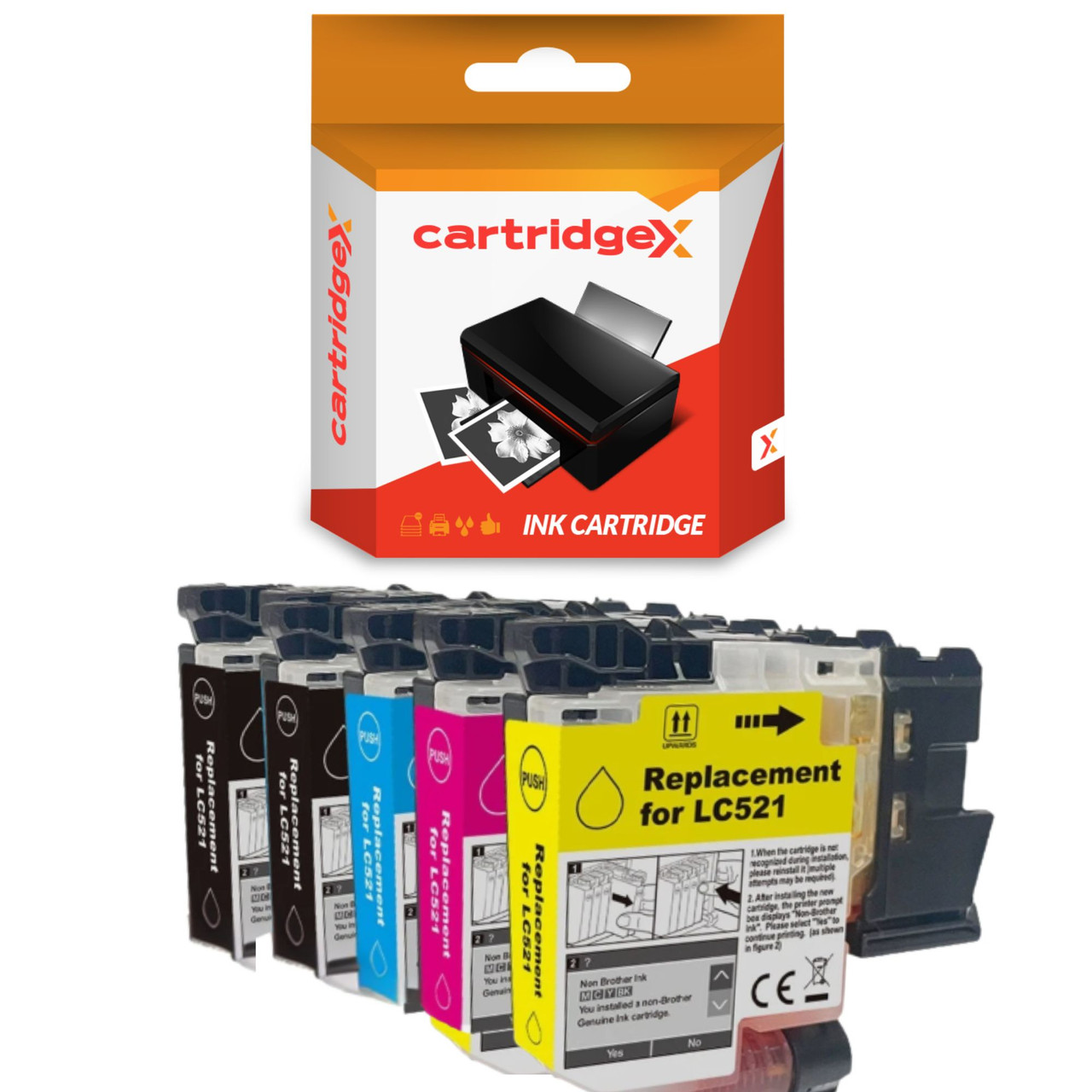 Cartridgex Compatible 5 Pack Ink Cartridge Set, replacement for Brother LC-521 CMYK with an extra black, black, magenta, yellow, and cyan ink cartridges for Brother printers.