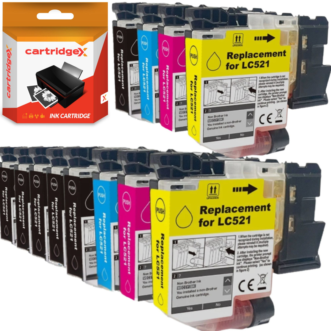 Cartridgex Compatible 12 Pack Ink Cartridge Set Replacement For Brother LC-521 CMYK, image of 12 ink cartridges in black, cyan, magenta, yellow, with a black printer and packaging in the background.