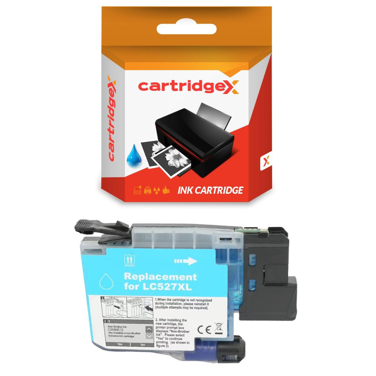 Cartridgex Compatible Cyan Ink Cartridge Replacement For Brother LC-527C, front view of the ink cartridge and packaging showing the product labels and design.