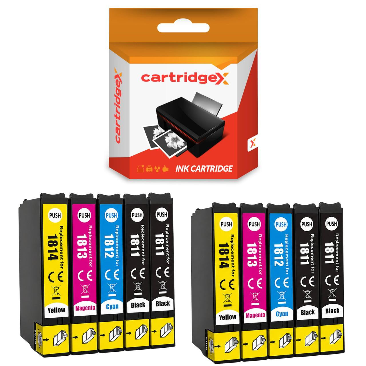 Cartridgex Compatible 10 Pack Ink Cartridge Set Replacement for Epson 18XL T1816 High Capacity, image of five color ink cartridges and a packaging box with a printer icon for ink refilling.