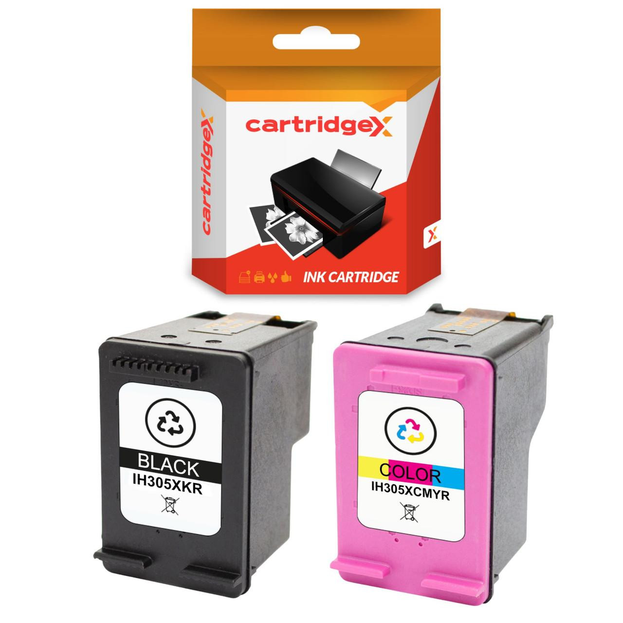 Cartridgex Compatible 2 Pack Ink Cartridge Set Replacement for HP 305XL Black and Tri-Colour (3YM62AE, 3YM63AE), high capacity ink cartridges, black and color cartridges with labels and printer images.